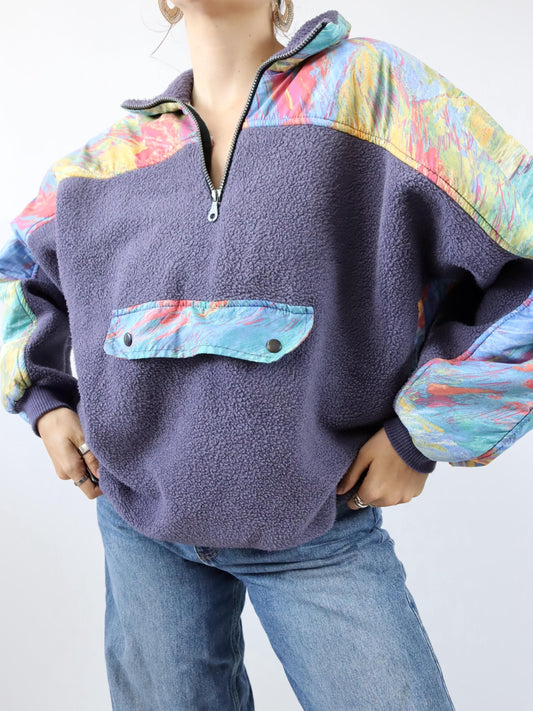 Vintage 80er 90er Fleecepullover Stehkragen crazy pattern bunt Lila M/L