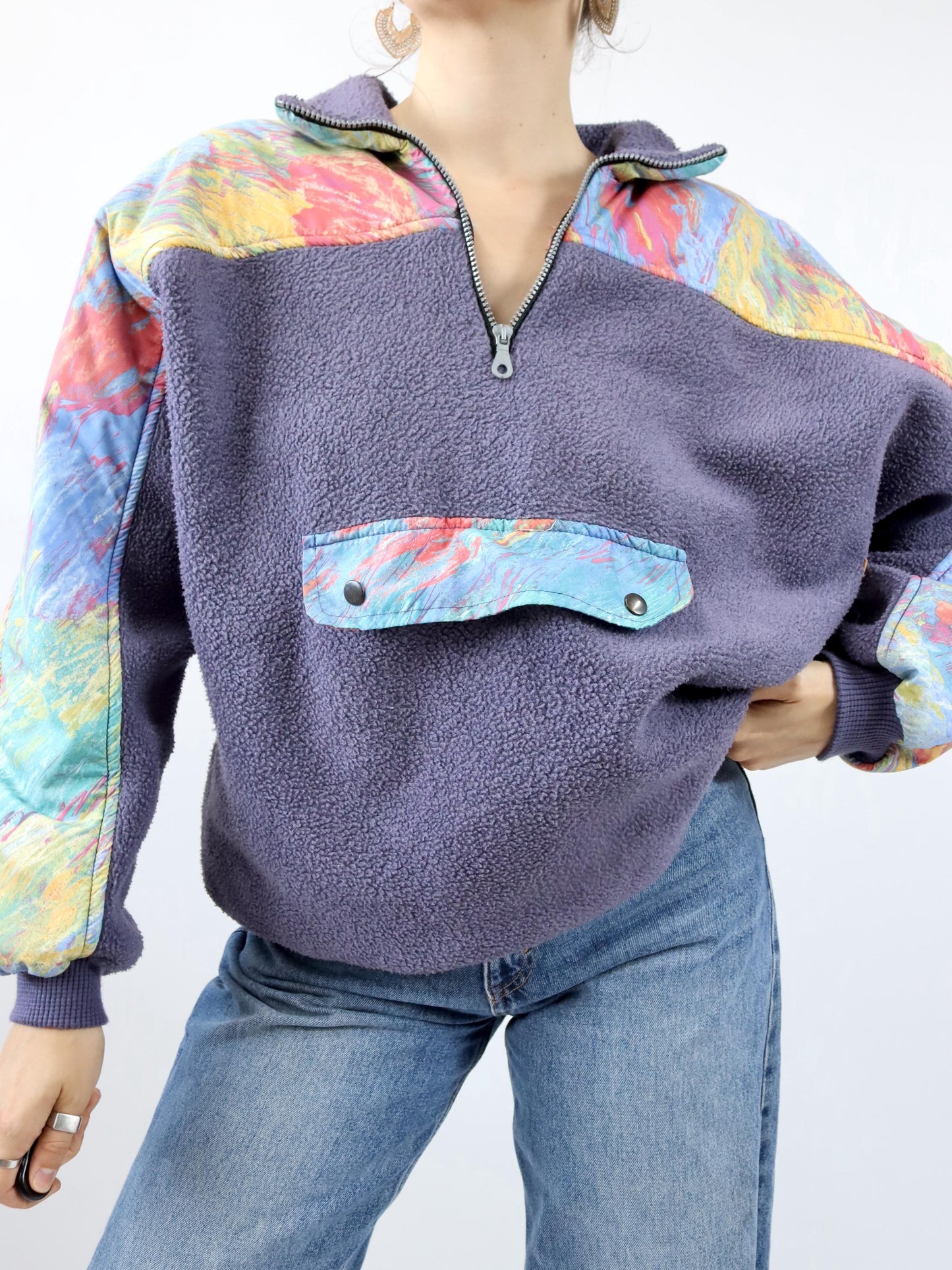 Vintage 80er 90er Fleecepullover Stehkragen crazy pattern bunt Lila M/L