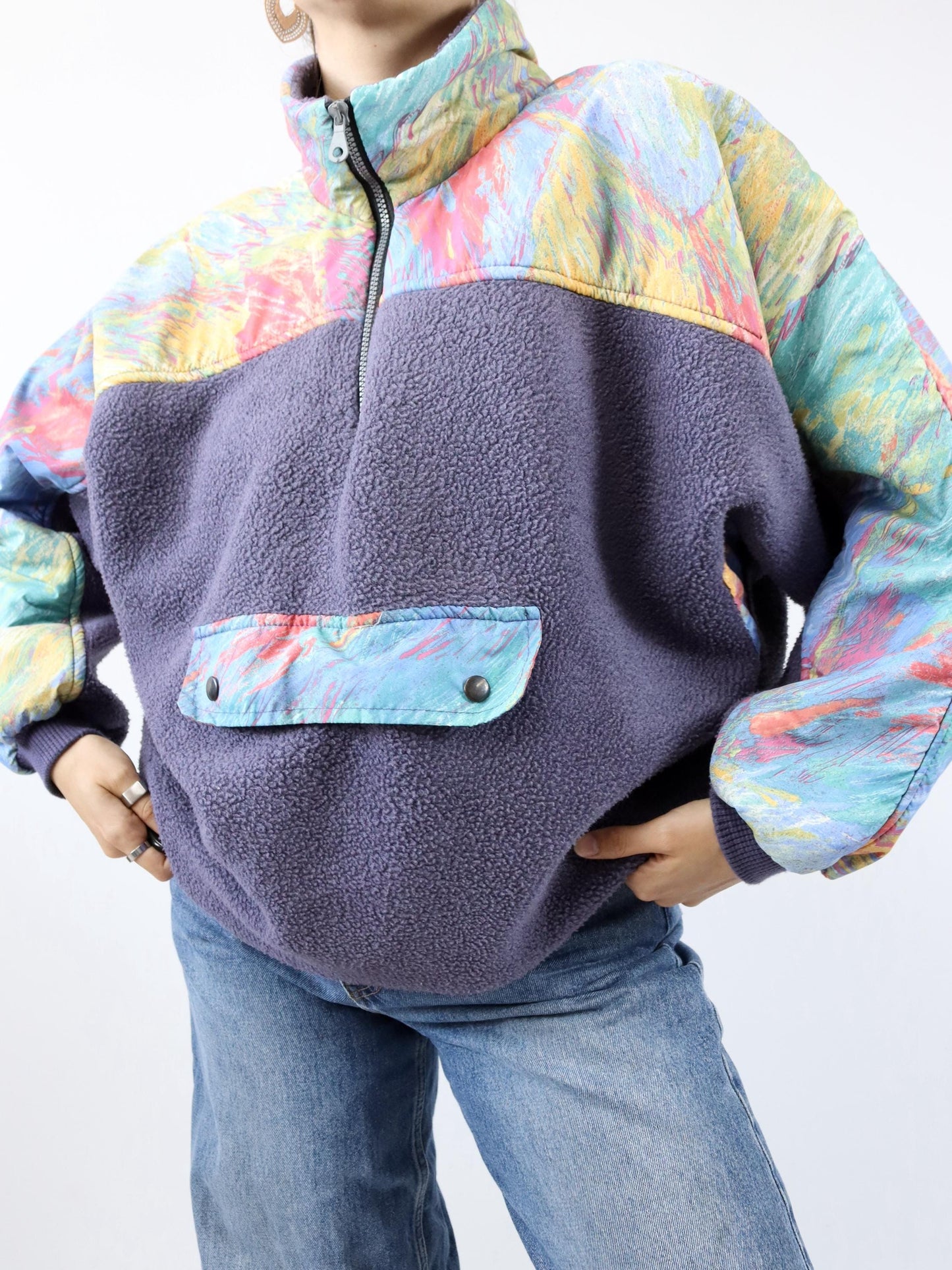 Vintage 80er 90er Fleecepullover Stehkragen crazy pattern bunt Lila M/L