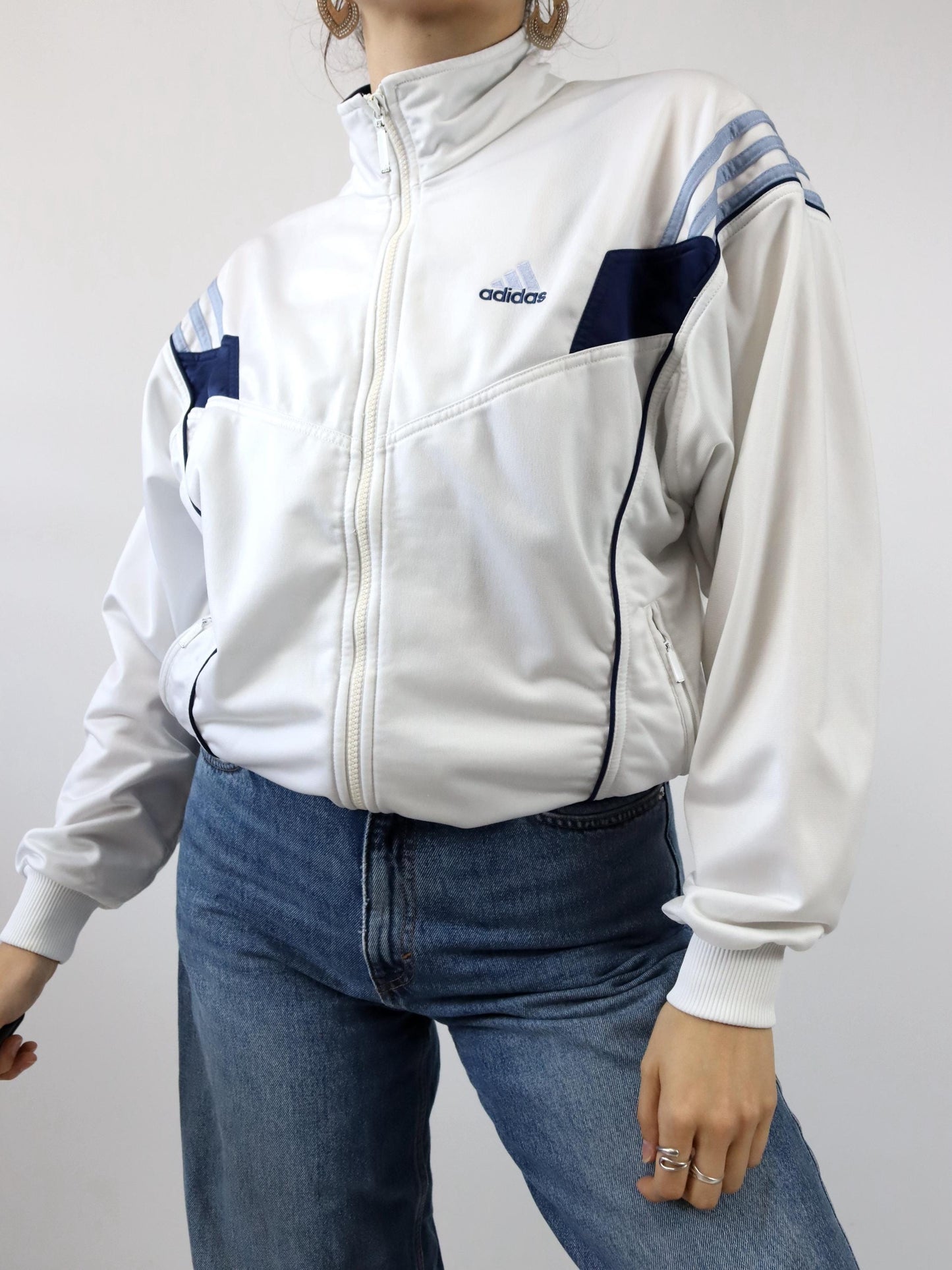 Vintage 80s 90s ADIDAS tracksuit jacket stand-up collar white blue S 36