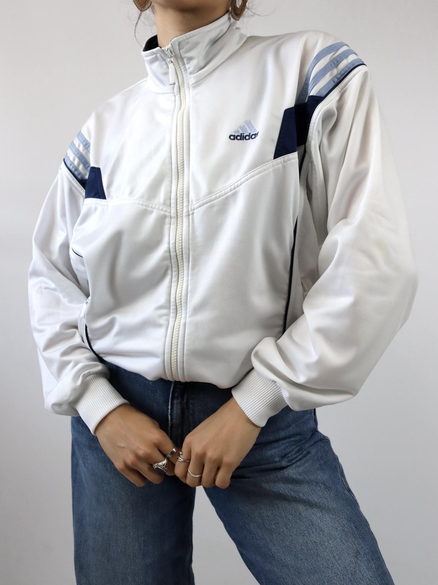 Vintage 80s 90s ADIDAS tracksuit jacket stand-up collar white blue S 36