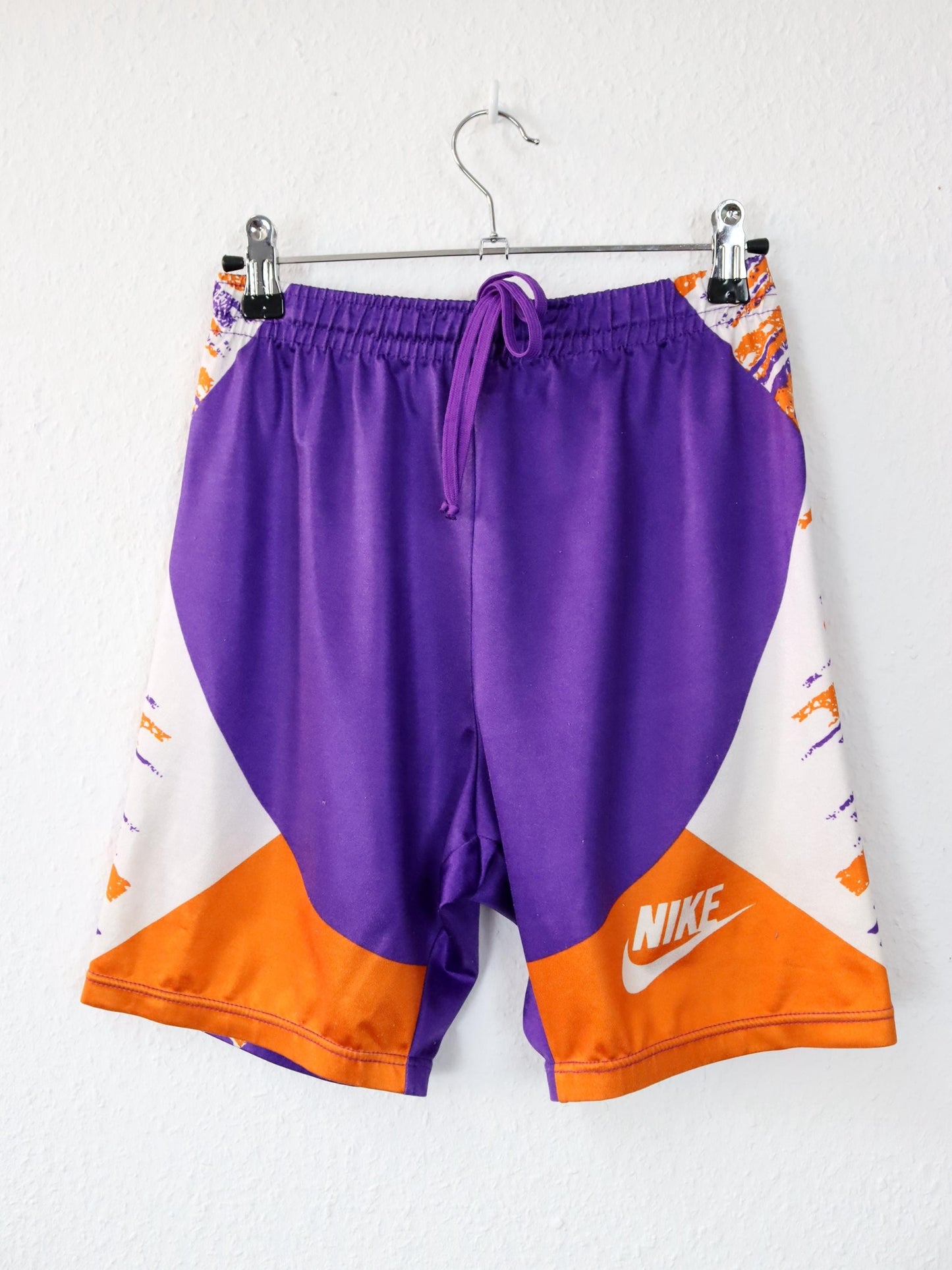 Vintage 80er 90er NIKE Radlershorts Leggings kurz crazy pattern glänzend orange lila M/L