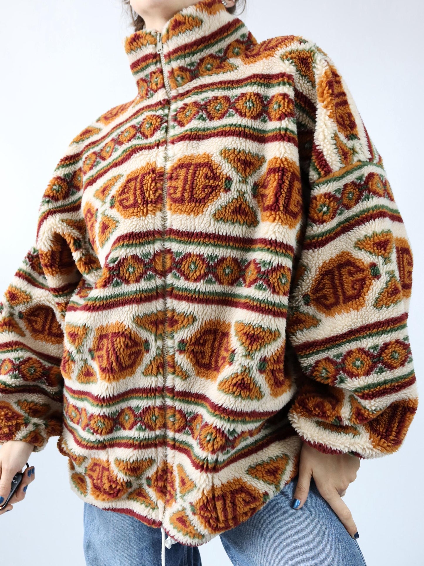 Vintage 80s 90s ARTFASHION fleece jacket teddy fleece stand-up collar Aztec pattern L