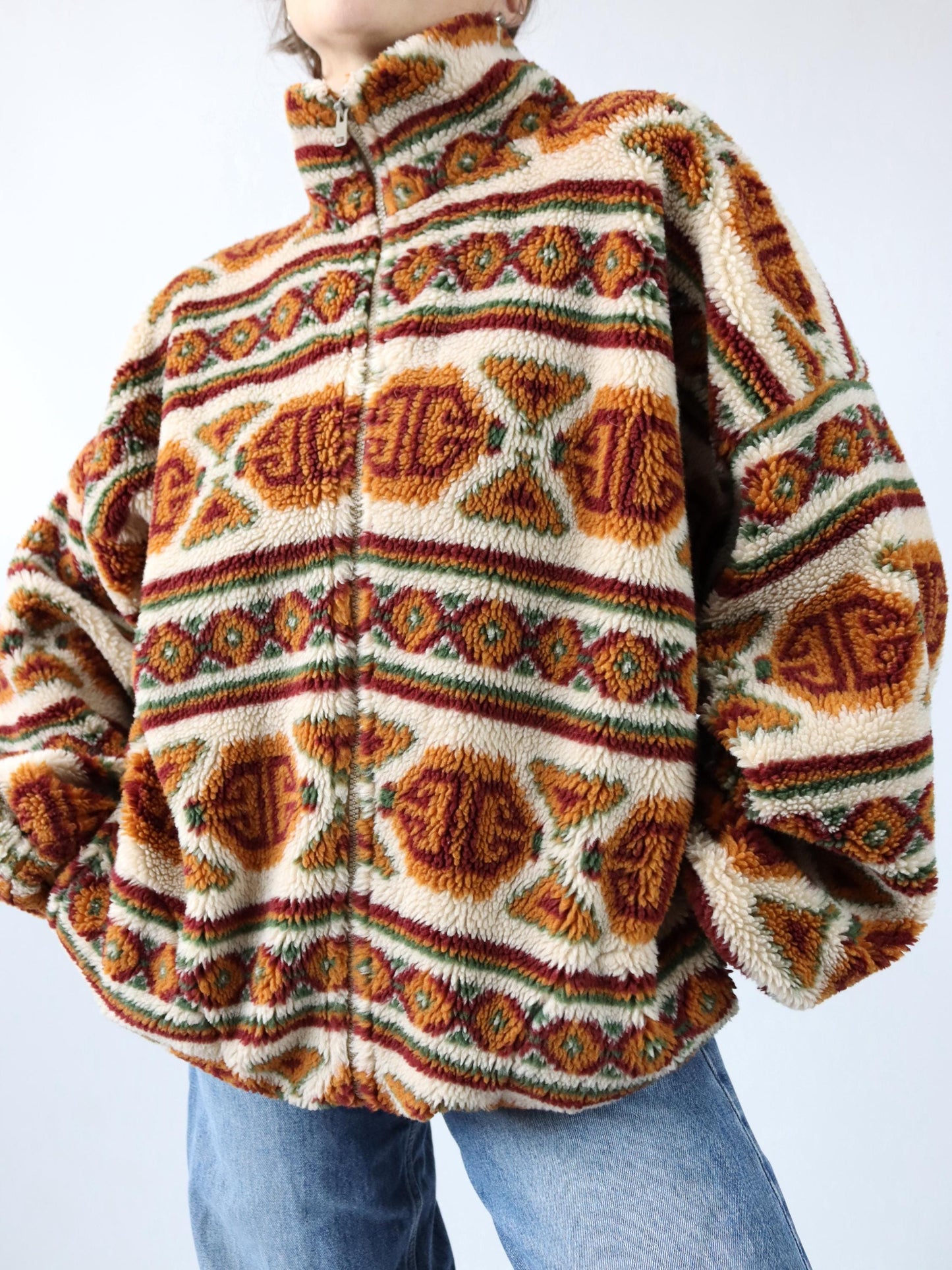 Vintage 80s 90s ARTFASHION fleece jacket teddy fleece stand-up collar Aztec pattern L