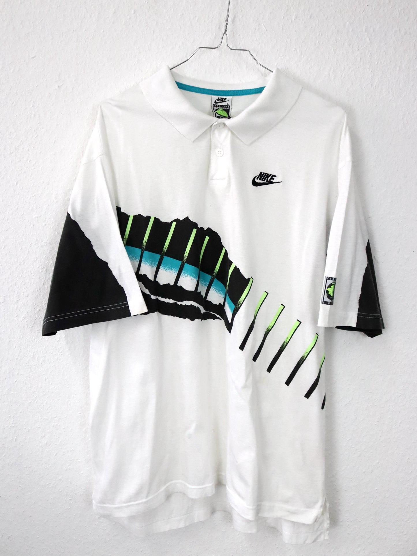 Vintage 80s 90s NIKE Challenge Court tennis shirt polo shirt short sleeve crazy pattern white L