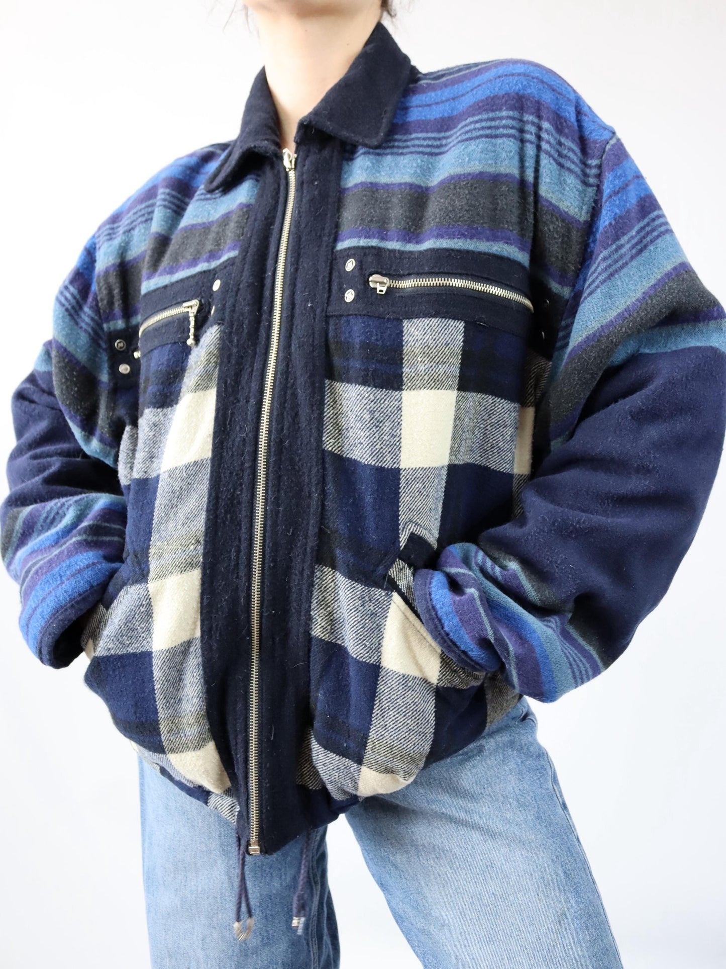 Vintage 80s 90s MOXIE Casuals wool jacket lined checked blue L