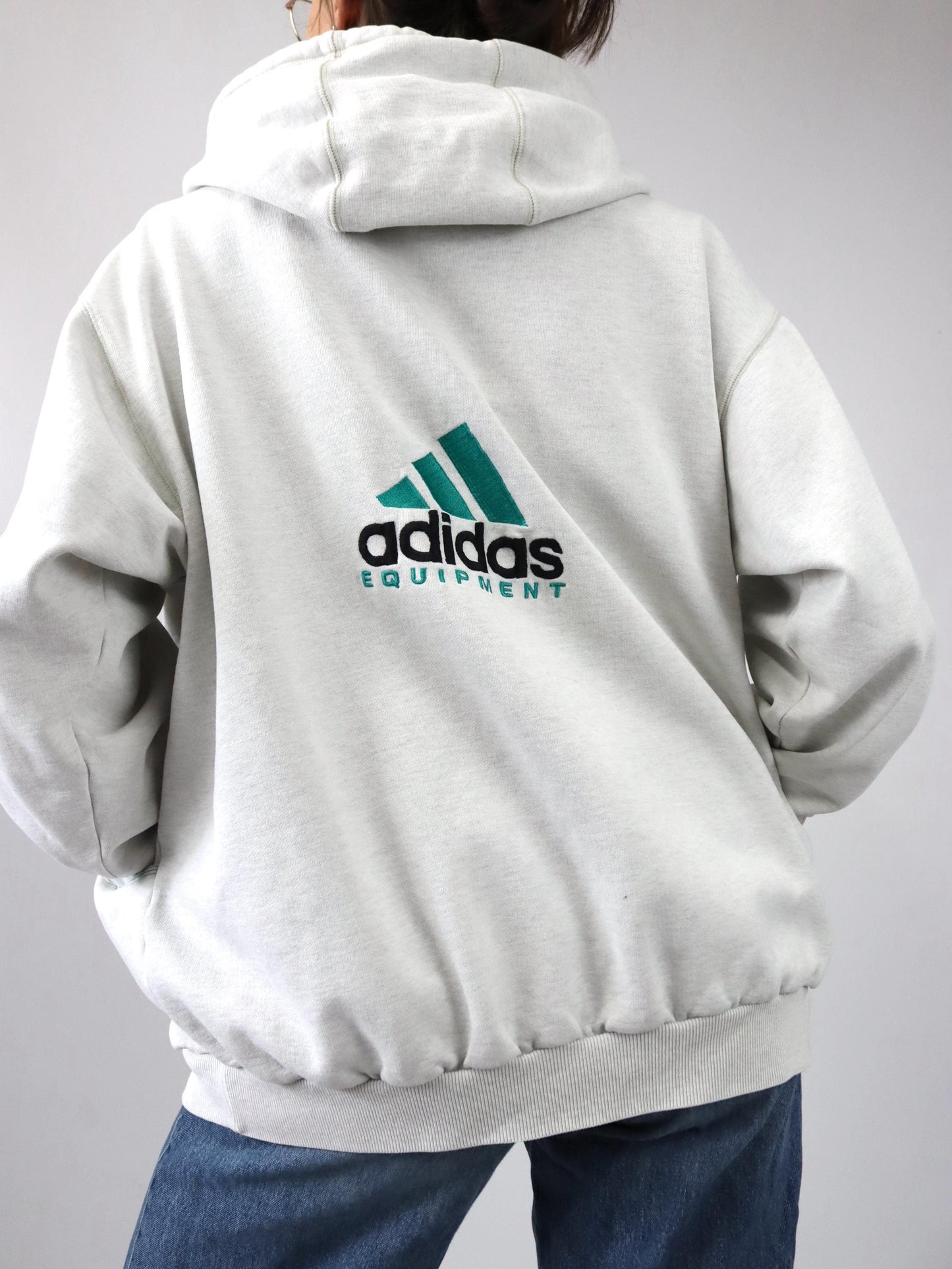 Vintage 80s 90s ADIDAS Equipment sweat jacket zipper hoodie light gray D7 L