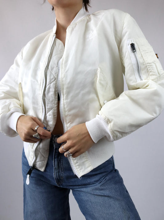 Vintage 80er 90er ALPHA INDUSTRIES Bomberjacke Jacke leicht gefüttert weiß Made in USA S