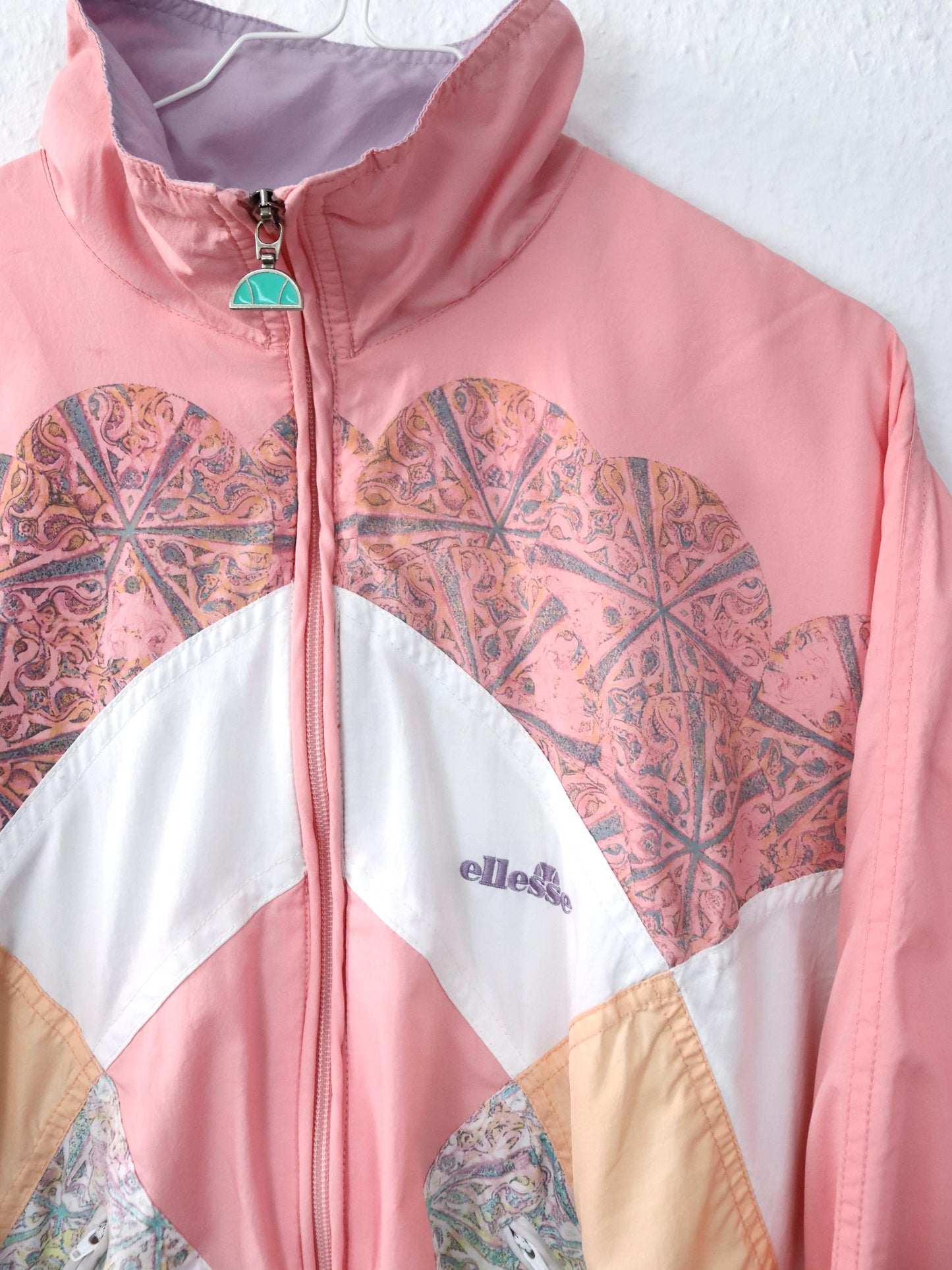 Vintage 80s 90s ELLESSE tracksuit jacket stand-up collar crazy pattern pastel pink 38