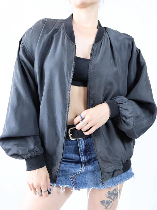 Vintage 80er 90er LINNA Seidenjacke Blouson Bomberjacke Seide schwarz L