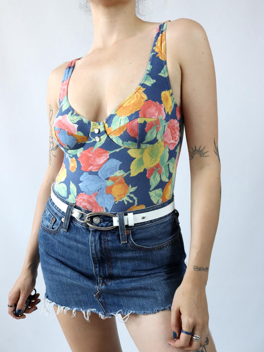 Vintage 80er 90er CALZEDONIA Body Einteiler Blumenmuster Bustier 38