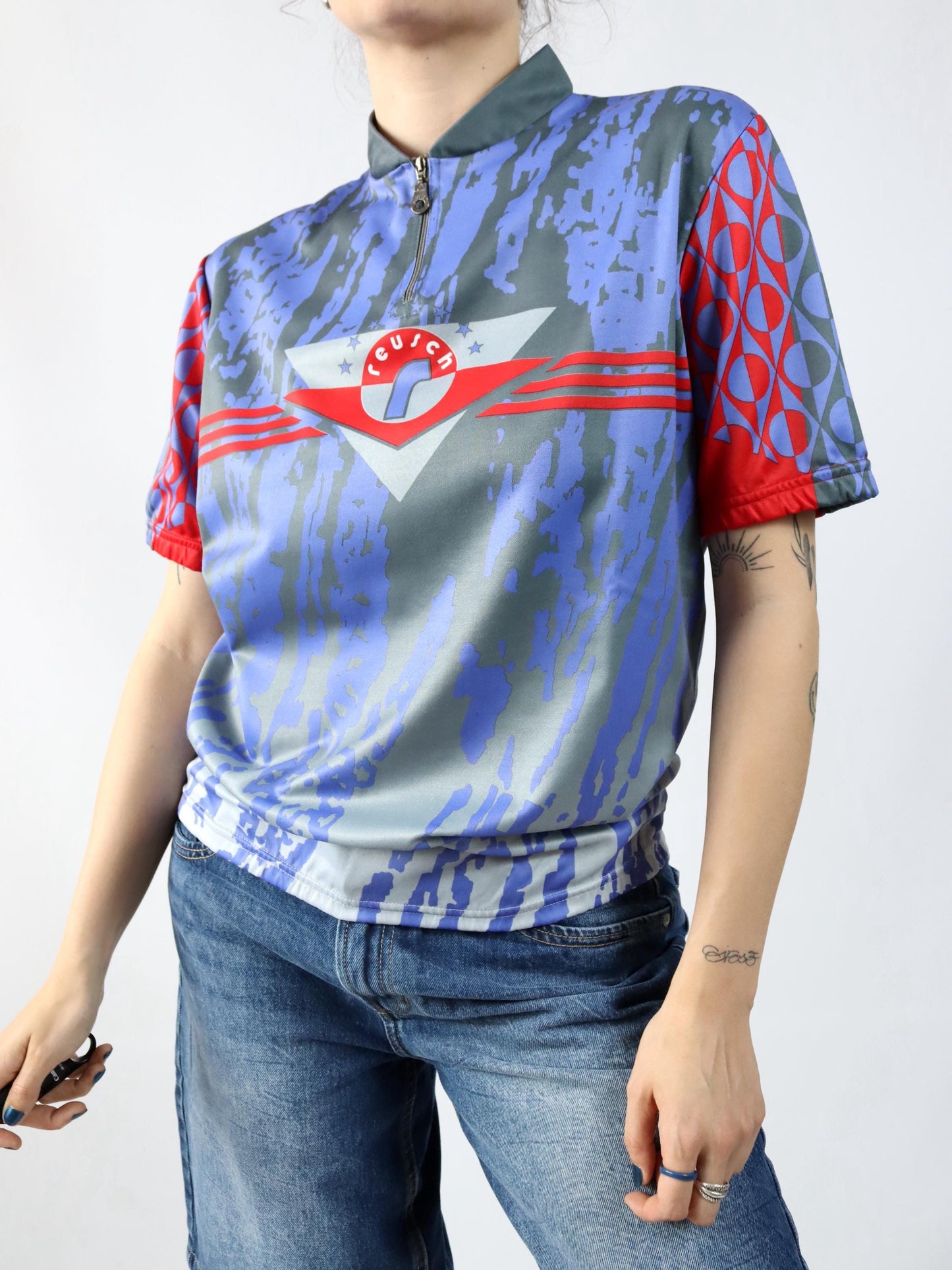 Vintage 80s 90s REUSCH biker jersey cycling jersey short sleeve crazy pattern XL