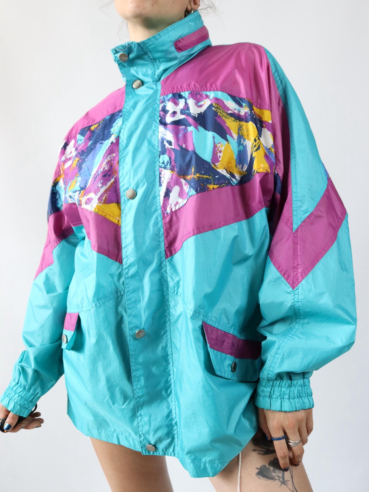 Vintage 80s 90s CAMPAGNOLO windbreaker rain jacket crazy pattern pink turquoise L