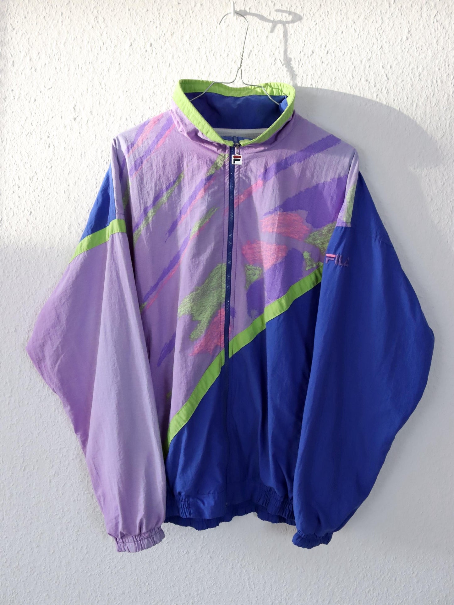 Vintage 80s 90s FILA tracksuit jacket stand-up collar crazy pattern colorful blue lilac 48 M