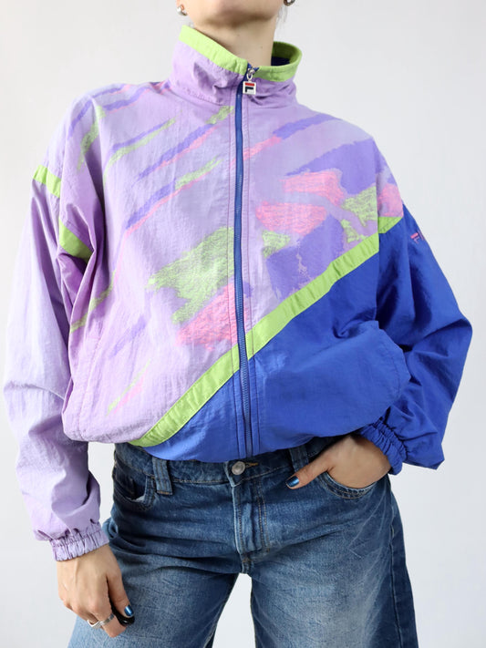 Vintage 80er 90er FILA Trainingsjacke Stehkragen crazy pattern bunt blau Flieder 48 M