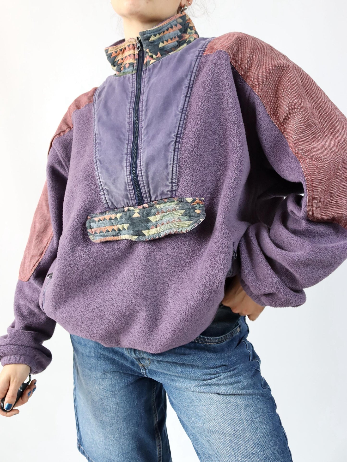 Vintage 80er 90er SALEWA Fleecepullover Stehkragen lila Muster XL