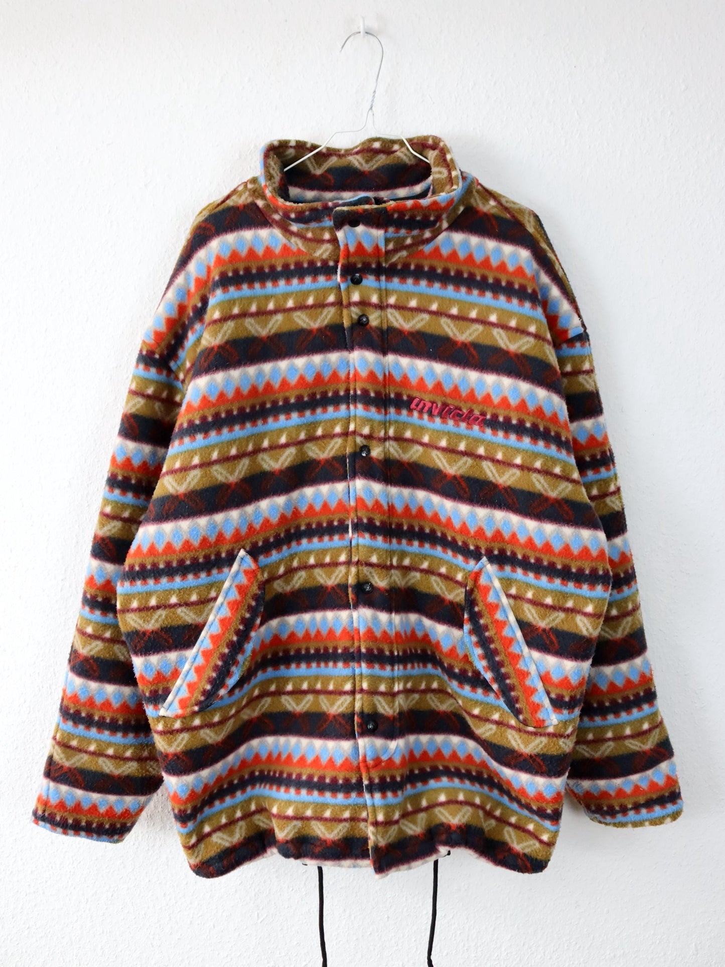Vintage 80s 90s INVICTA fleece jacket lightly lined crazy pattern colorful stand-up collar XL