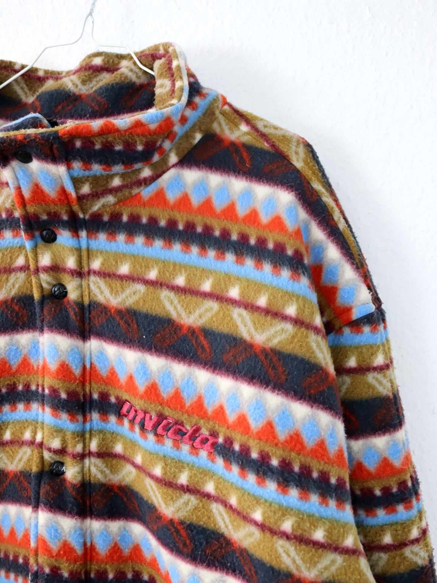 Vintage 80s 90s INVICTA fleece jacket lightly lined crazy pattern colorful stand-up collar XL