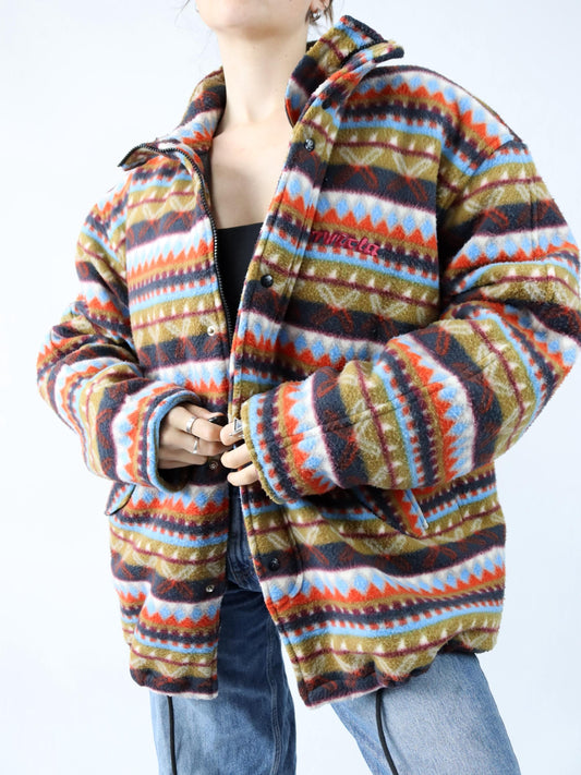Vintage 80s 90s INVICTA fleece jacket lightly lined crazy pattern colorful stand-up collar XL