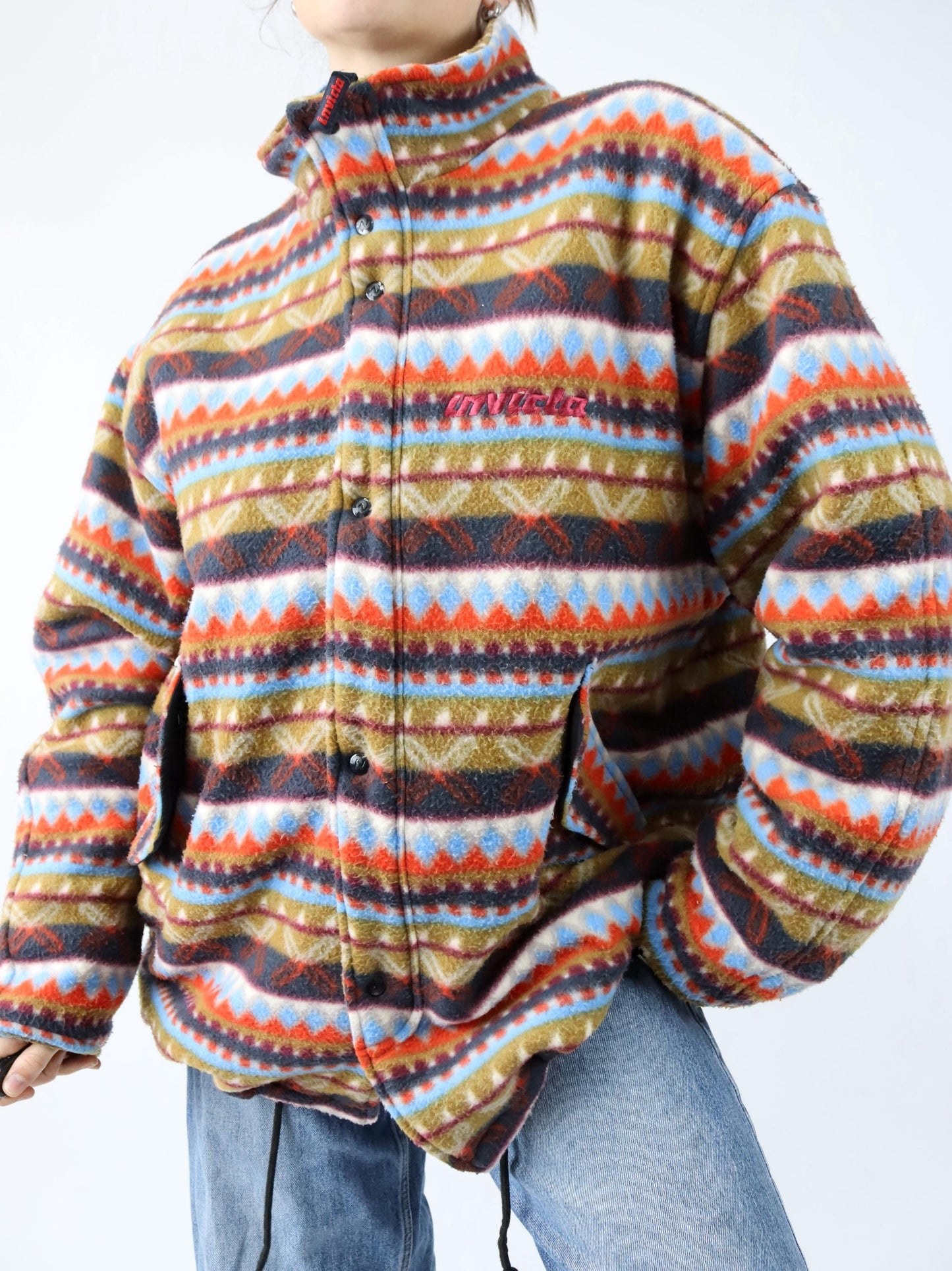 Vintage 80s 90s INVICTA fleece jacket lightly lined crazy pattern colorful stand-up collar XL