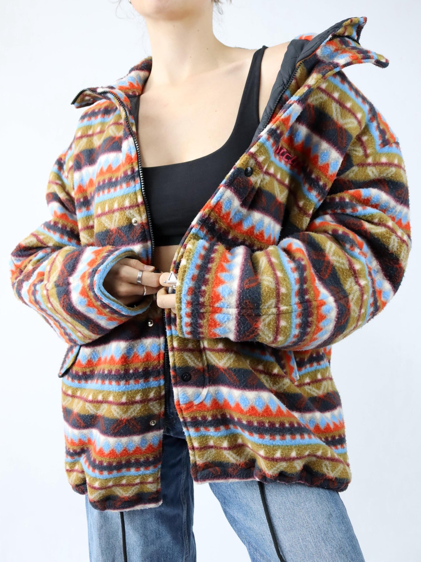 Vintage 80s 90s INVICTA fleece jacket lightly lined crazy pattern colorful stand-up collar XL