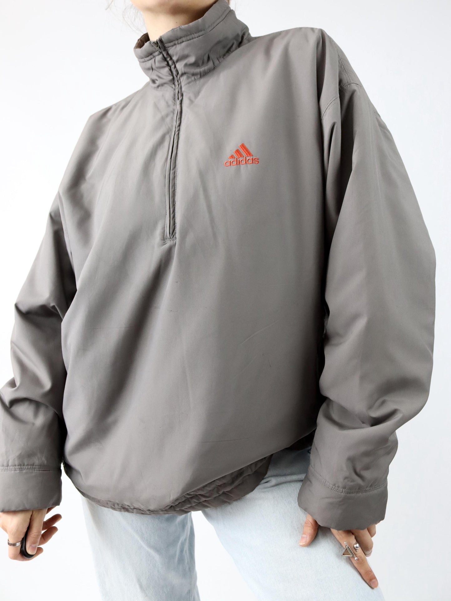 Vintage 80s 90s ADIDAS windbreaker jacket stand-up collar grey orange D6 M/L