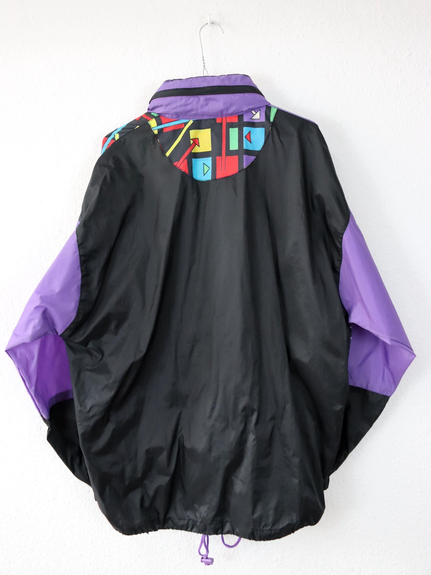 Vintage 80s 90s rain jacket windbreaker crazy pattern black colorful M