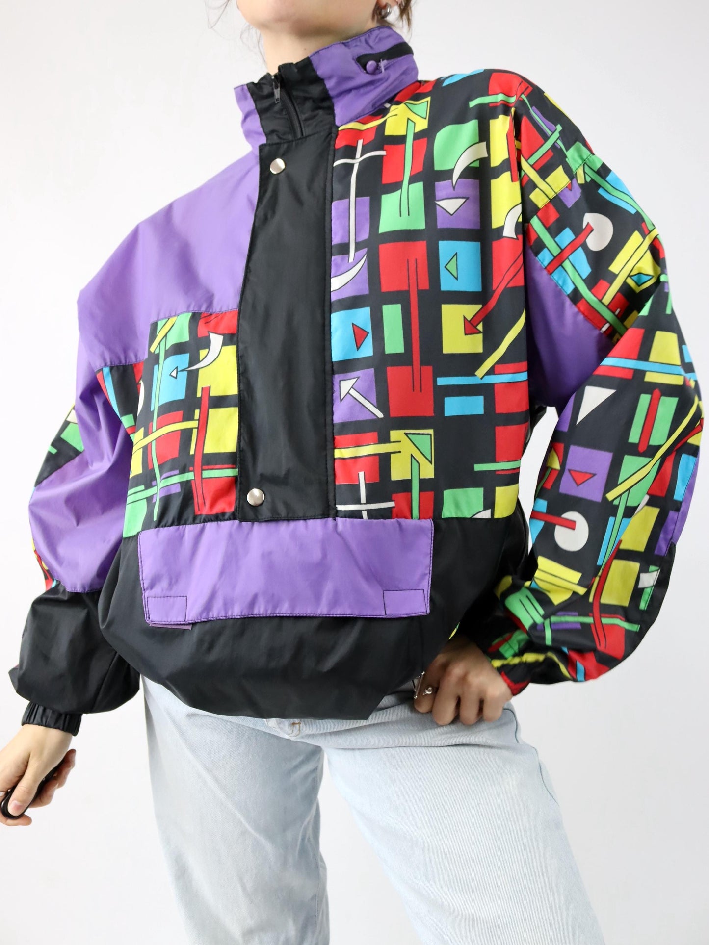 Vintage 80s 90s rain jacket windbreaker crazy pattern black colorful M