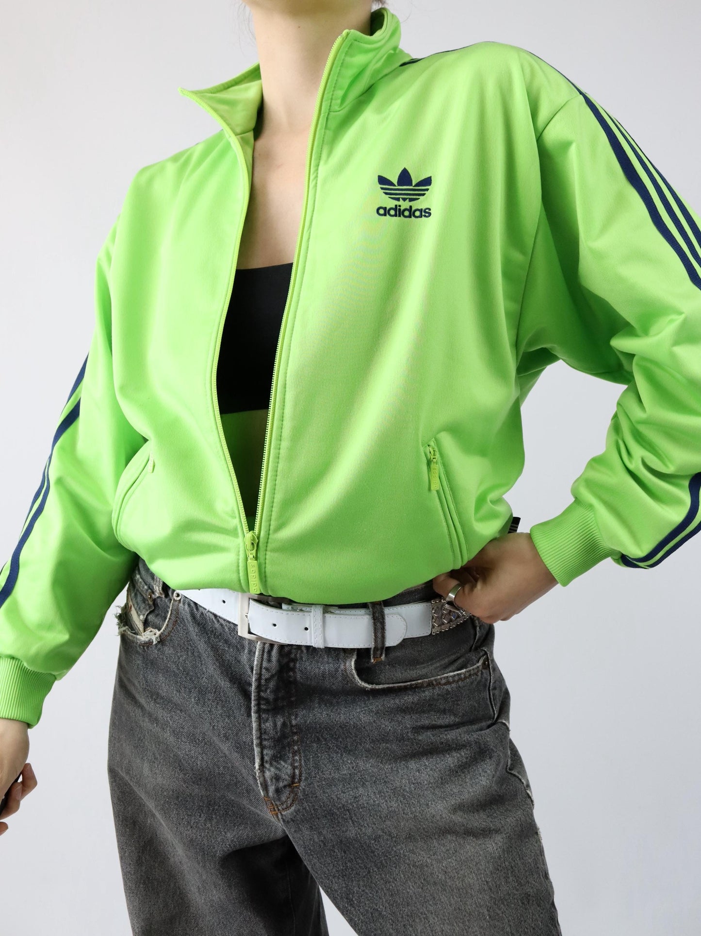 Vintage 80s 90s ADIDAS Firebird tracksuit jacket stand-up collar green D3 S