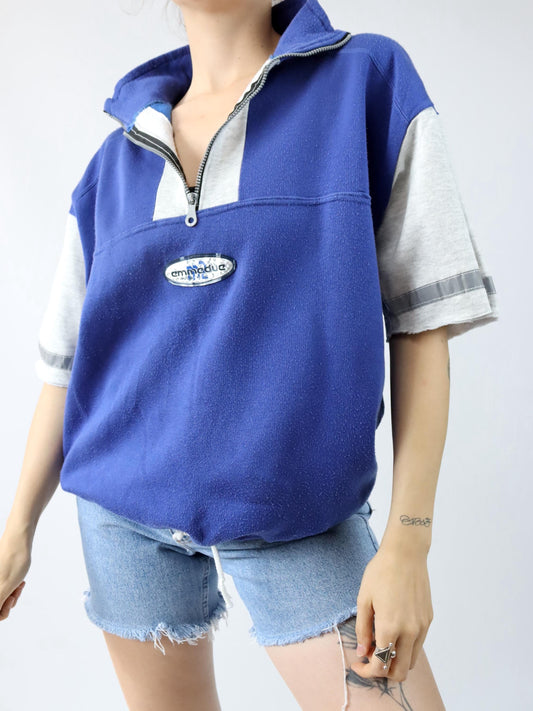 Vintage 80er 90er EMMEDUE Sweatshirt kurzarm Stehkragen grau blau L