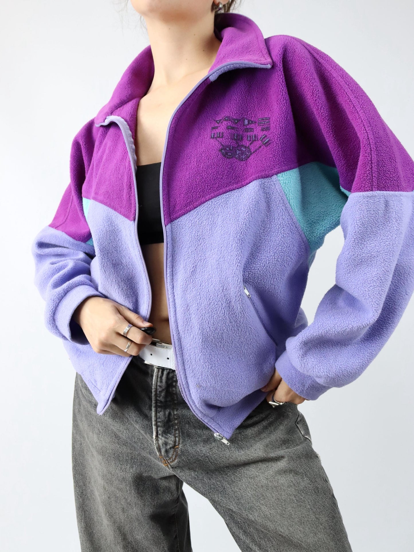 Vintage 80s 90s VAUDE Polartec fleece jacket stand-up collar purple turquoise M