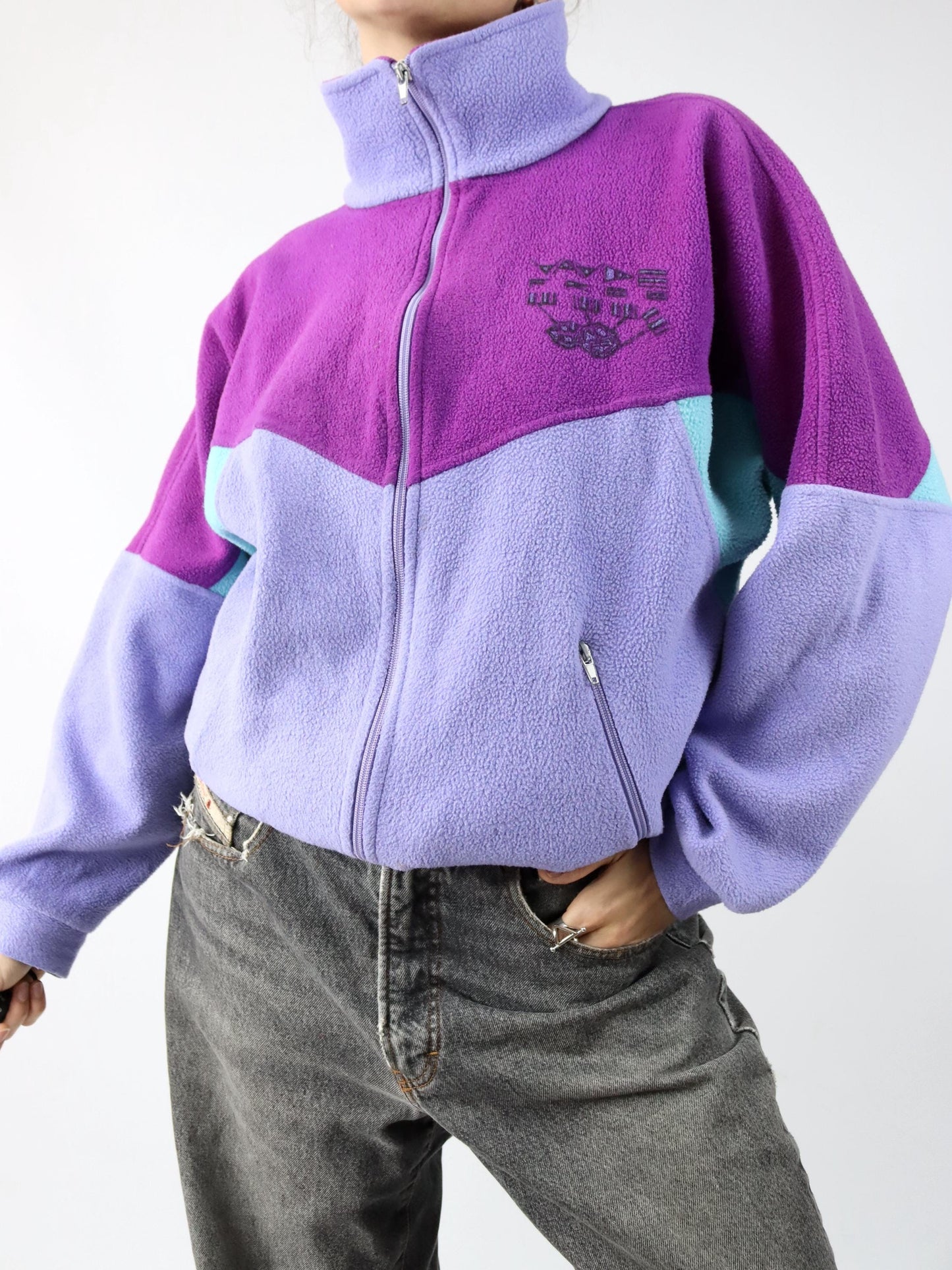 Vintage 80s 90s VAUDE Polartec fleece jacket stand-up collar purple turquoise M