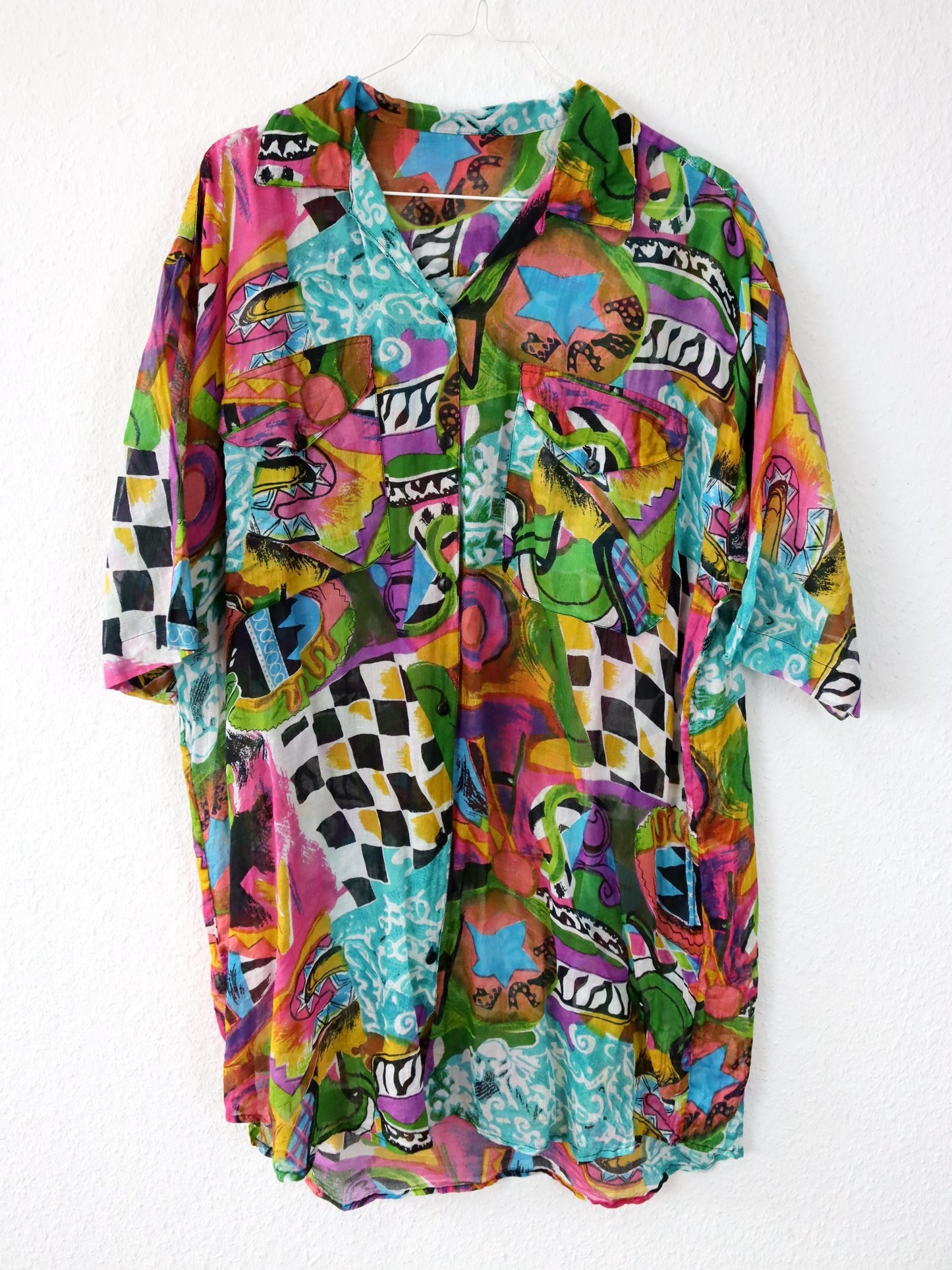 Vintage 80s 90s TONYS FASHION blouse short sleeve crazy pattern colorful L
