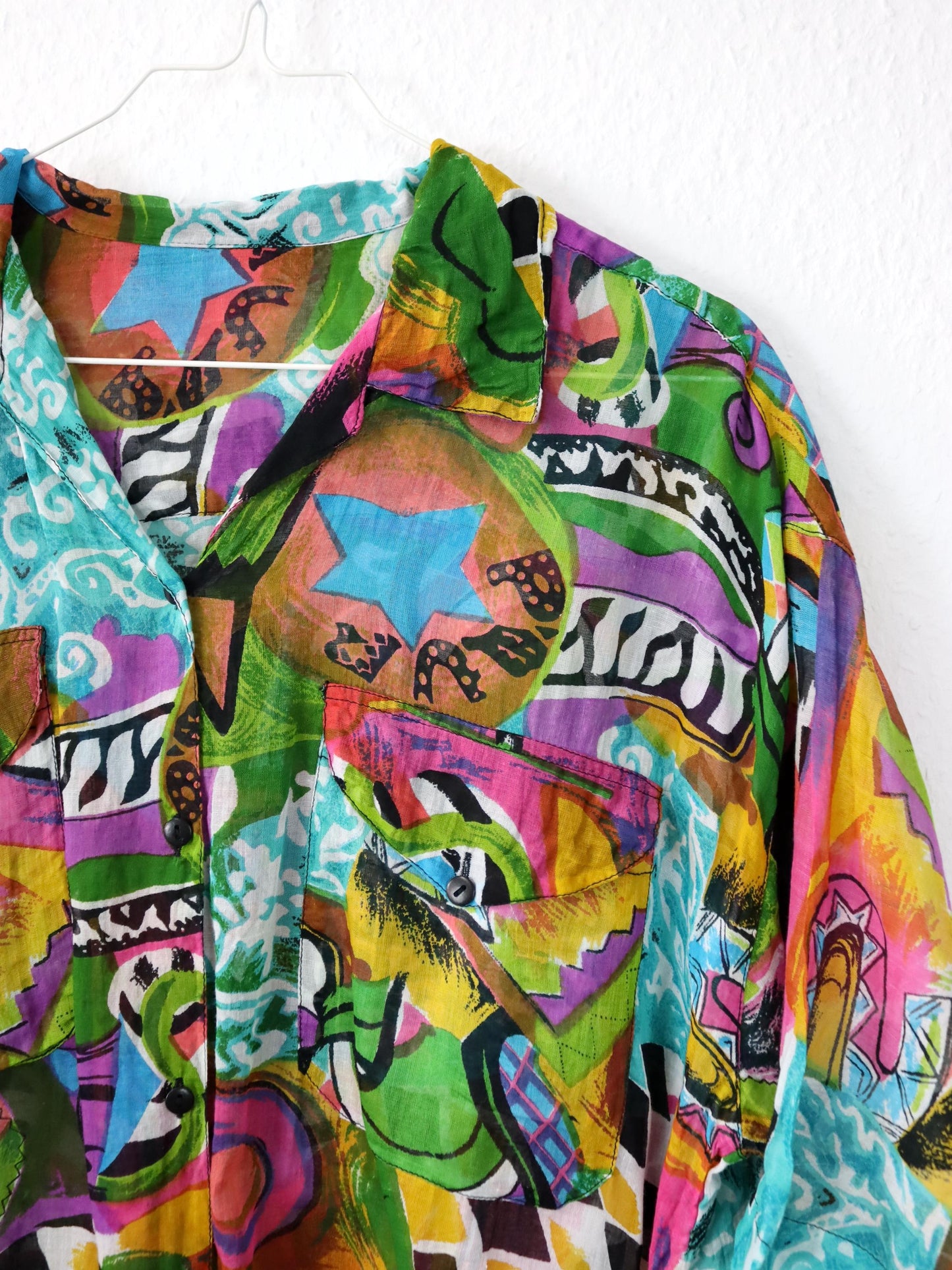 Vintage 80s 90s TONYS FASHION blouse short sleeve crazy pattern colorful L