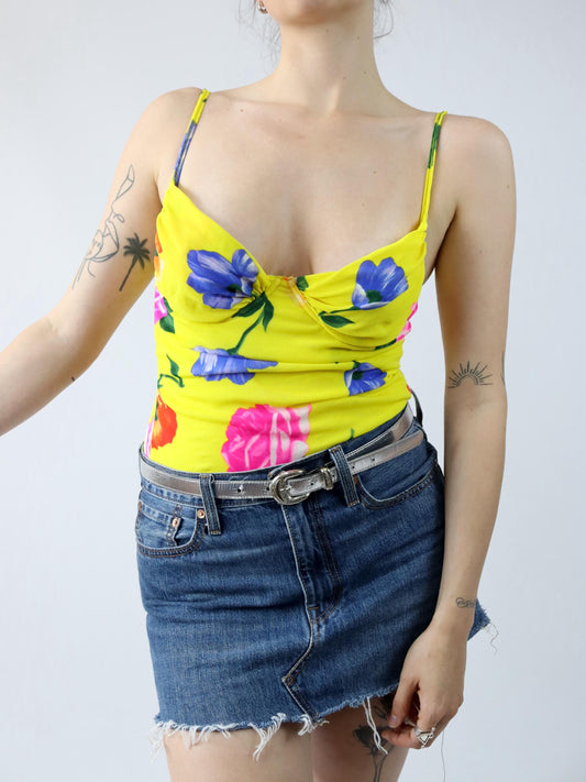 Vintage 80er 90er Body Einteiler Bustier Blumenmuster gelb bunt 38