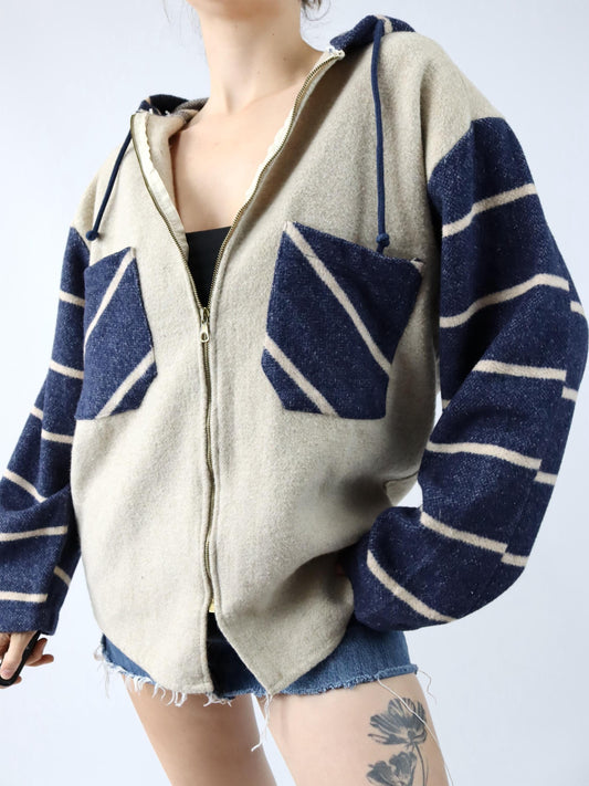 Vintage 80s 90s SHIRT MOCOA wool jacket with hood beige blue wool M