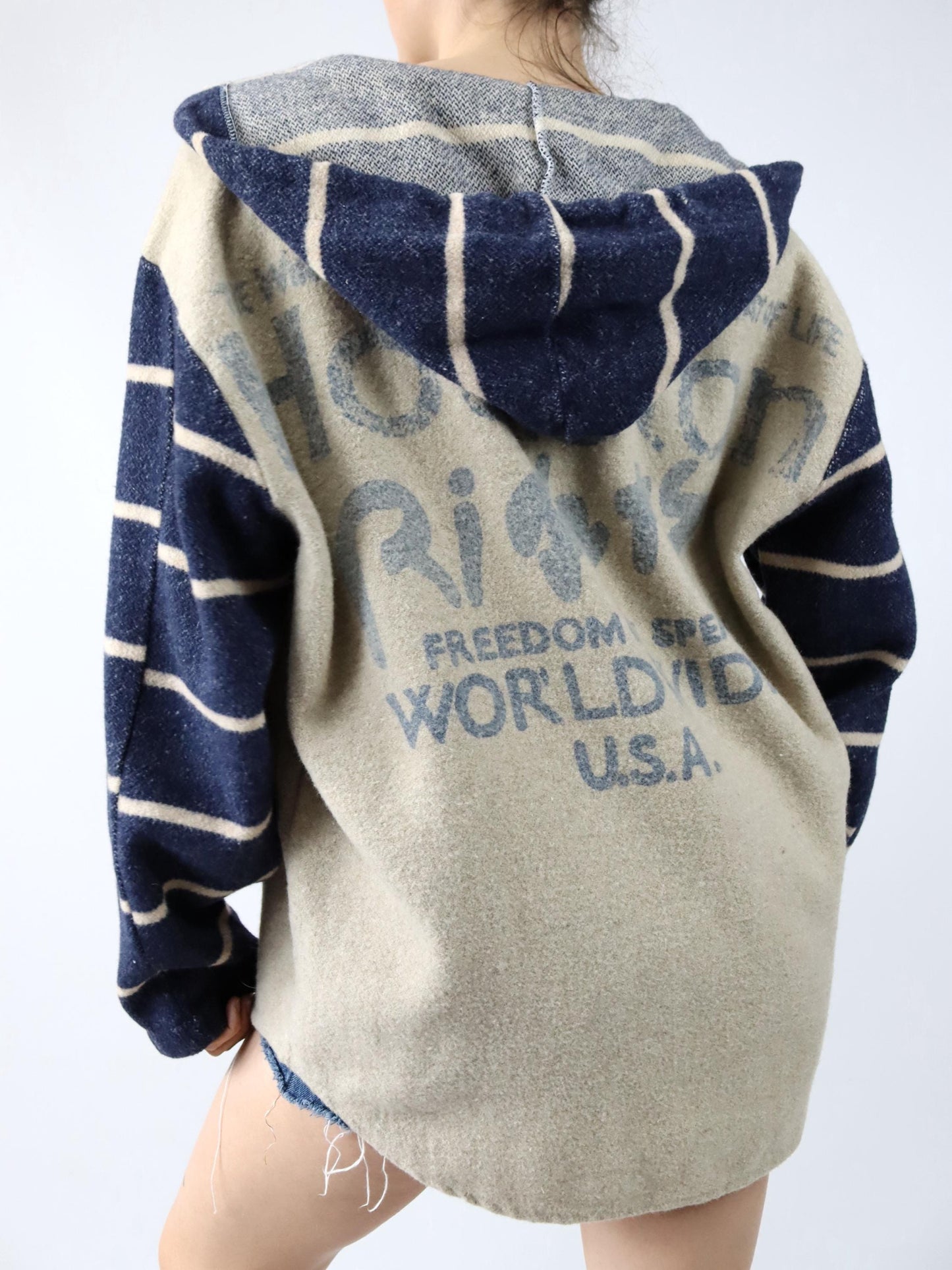 Vintage 80s 90s SHIRT MOCOA wool jacket with hood beige blue wool M