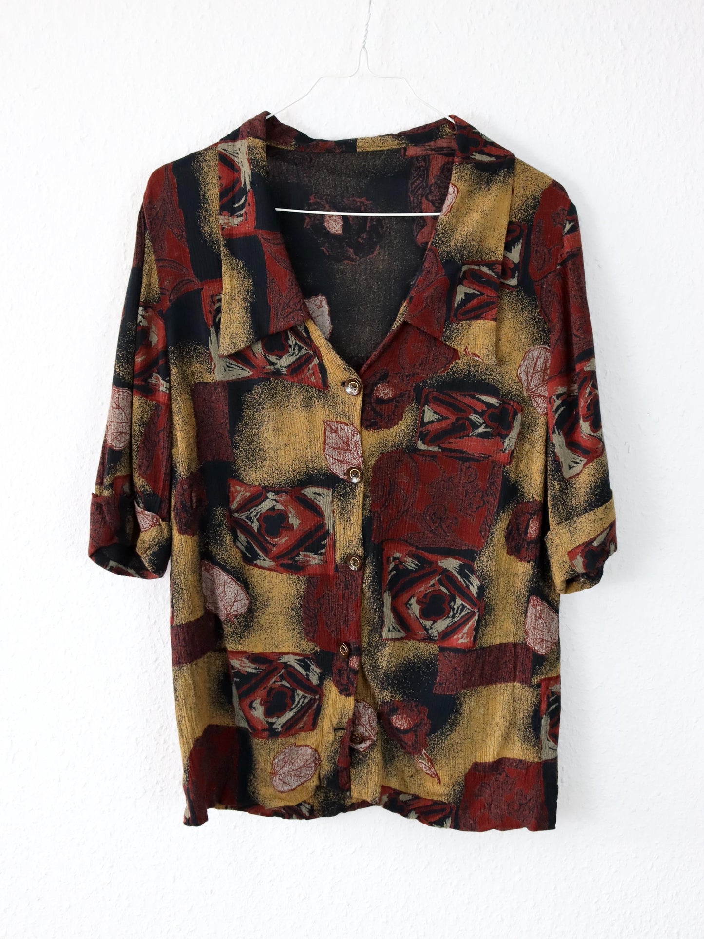 Vintage 80s 90s blouse short sleeve crazy pattern dark red beige M