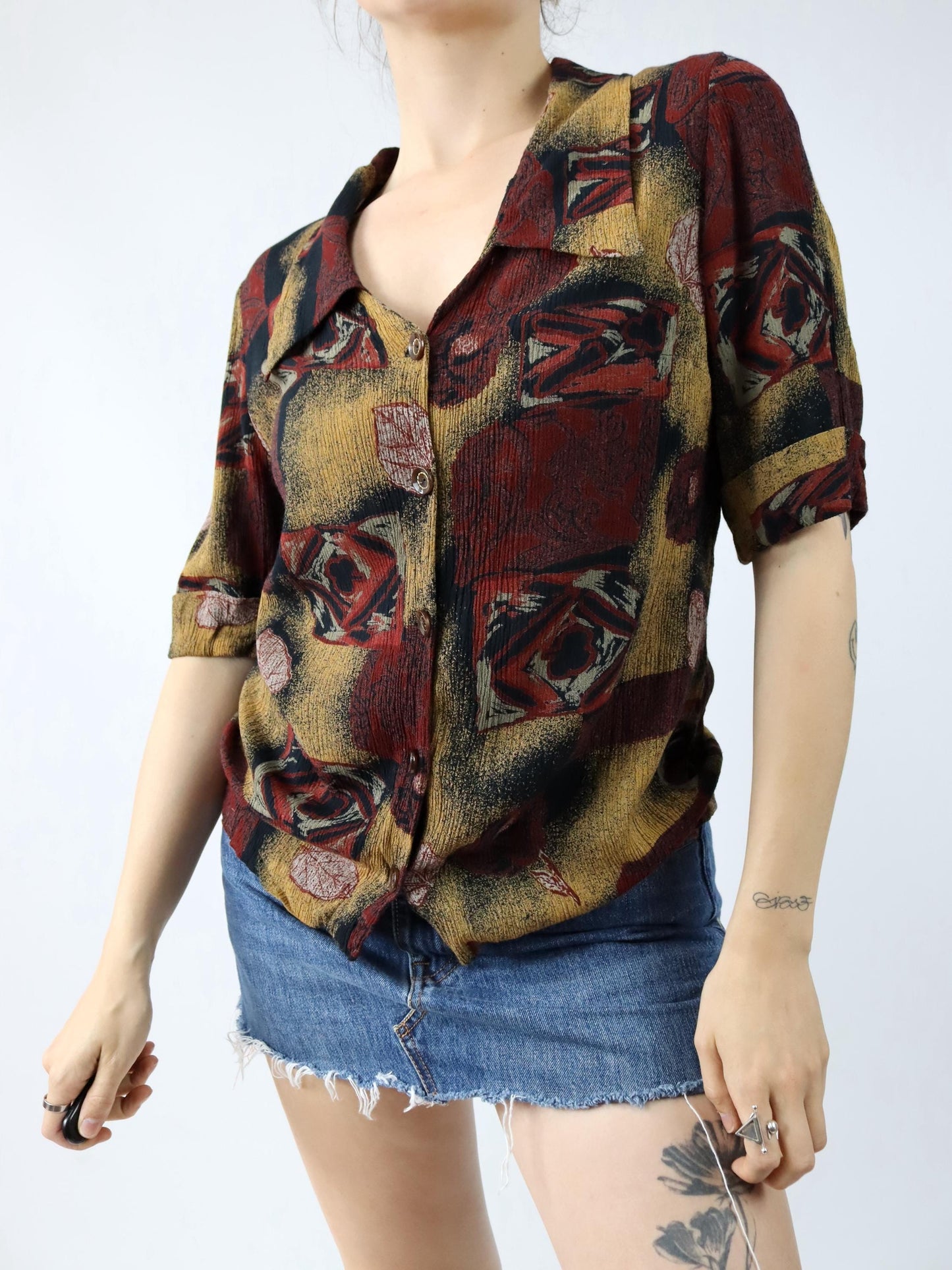 Vintage 80s 90s blouse short sleeve crazy pattern dark red beige M