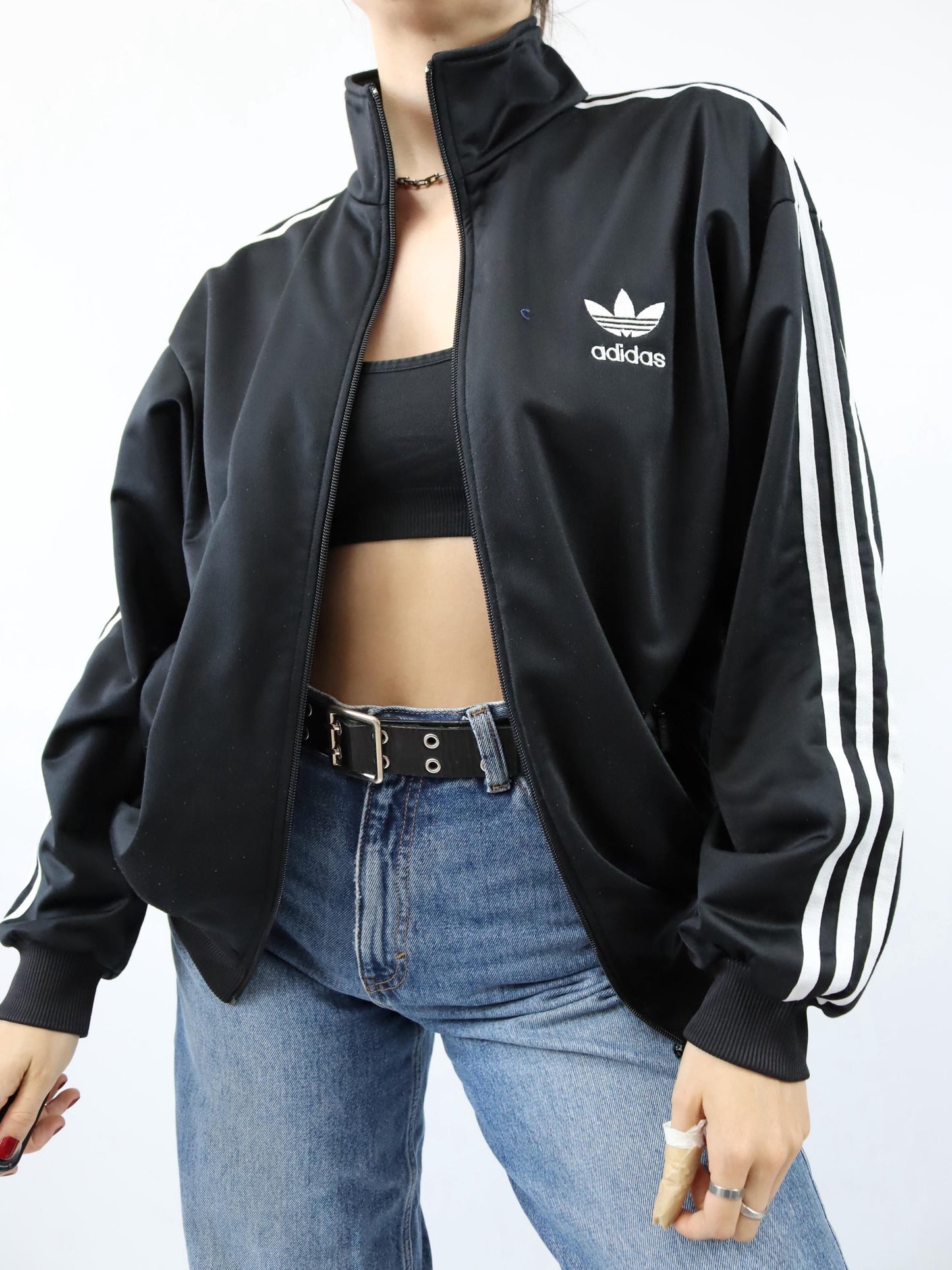 Vintage 80s 90s ADIDAS Firebird tracksuit jacket black white D6 M