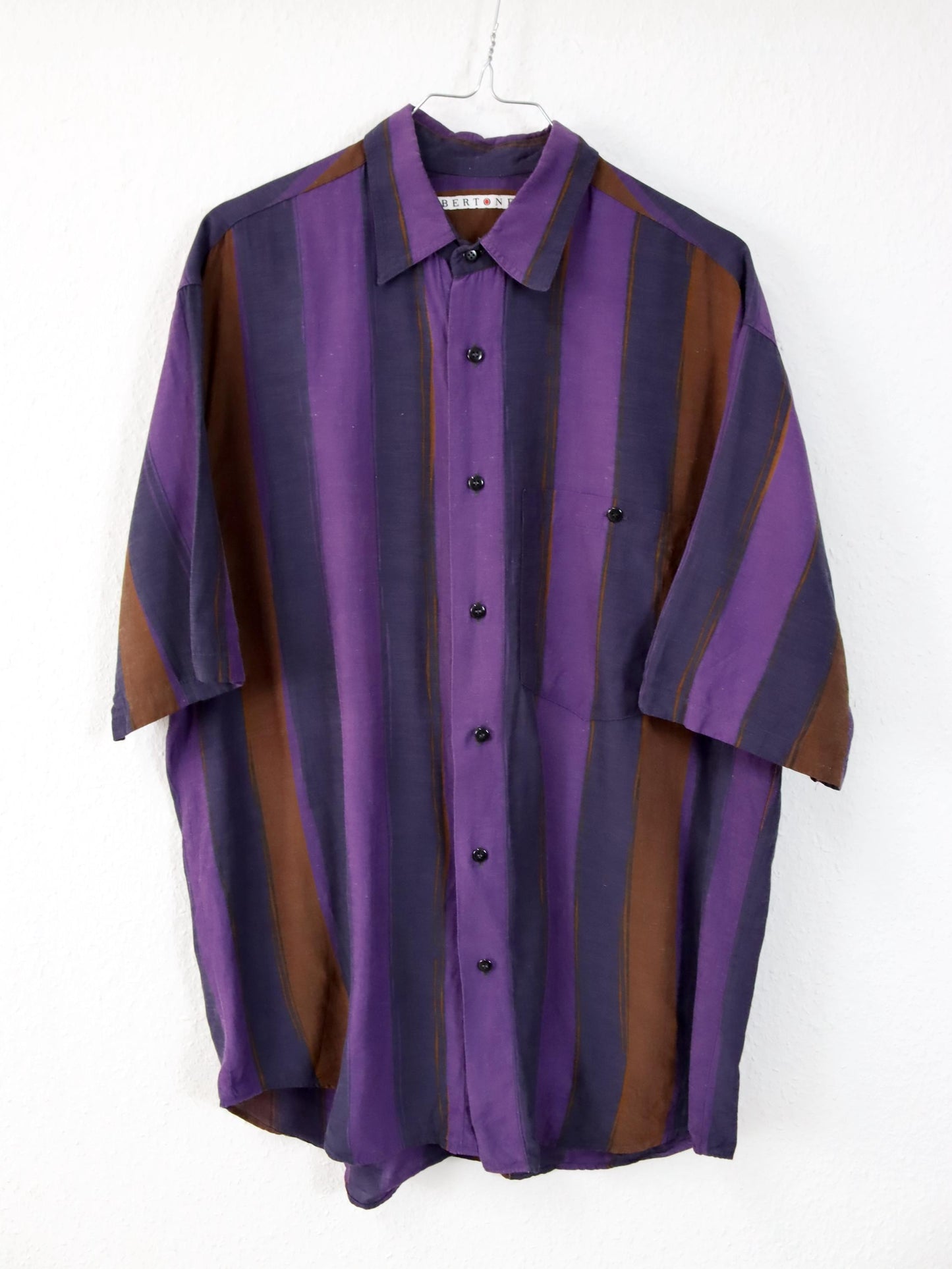 Vintage 80s 90s BERTONE shirt short sleeve striped purple Made in W.-Germany M
