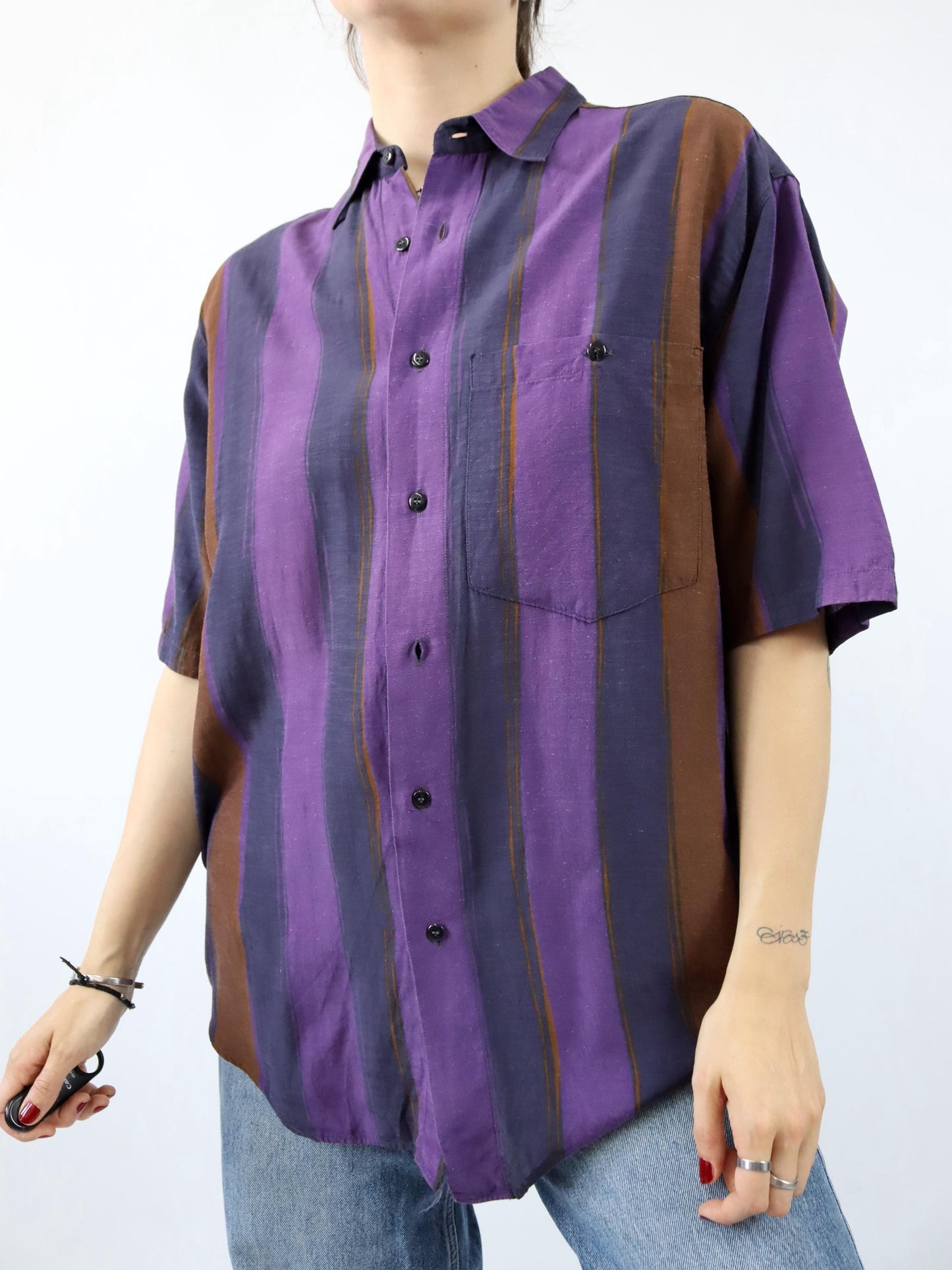 Vintage 80s 90s BERTONE shirt short sleeve striped purple Made in W.-Germany M
