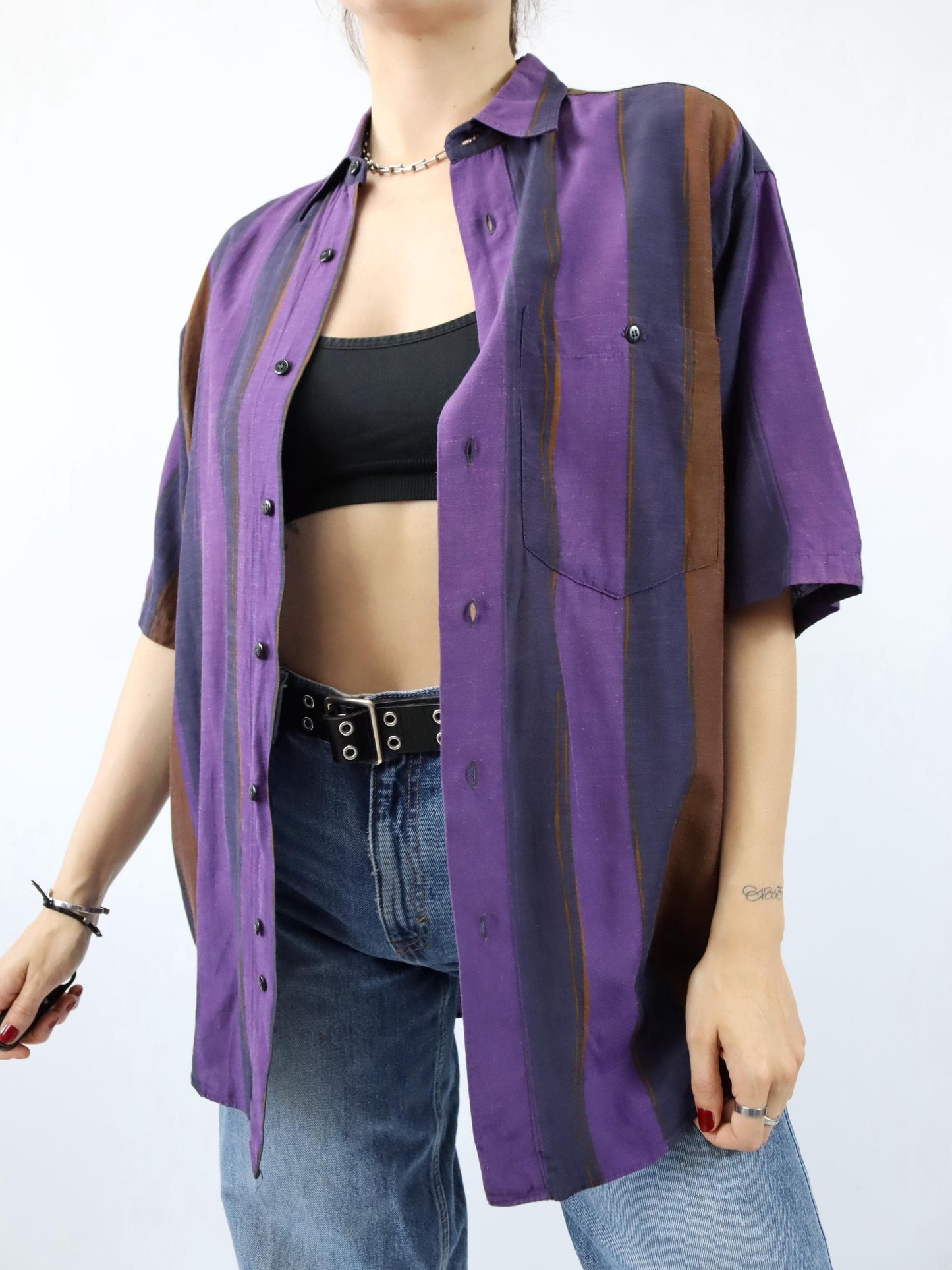 Vintage 80s 90s BERTONE shirt short sleeve striped purple Made in W.-Germany M