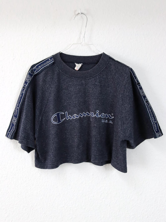 Vintage 80er 90er CHAMPION T-Shirt Crop kurzarm blaumeliert M