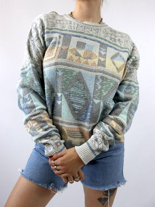 Vintage 80er 90er BORGO FORTE Pullover gemustert pastell 50 L