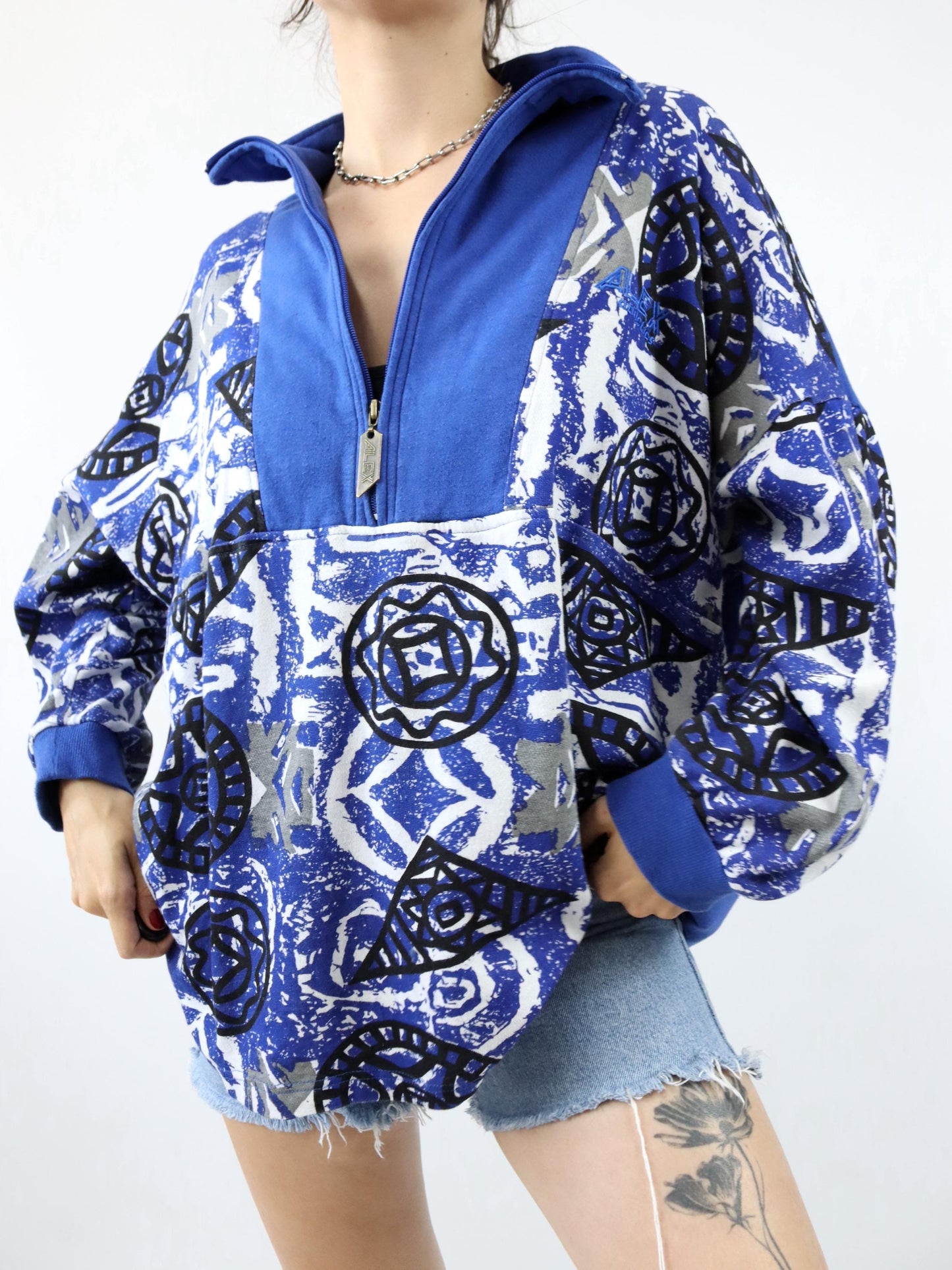 Vintage 80s 90s ALEX ATHLETICS sweatshirt pullover crazy pattern blue white 54 XL