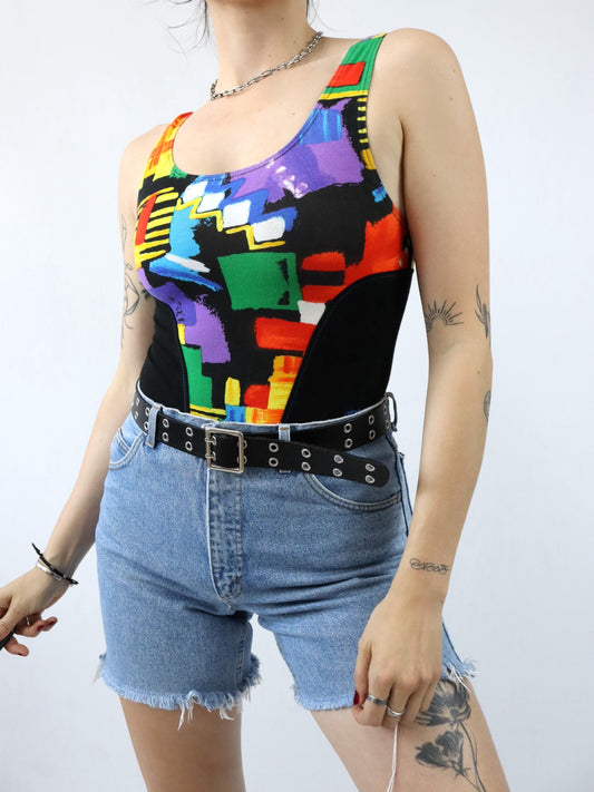 Vintage 80er 90er ARENA Body Einteiler schwarz crazy pattern bunt 40