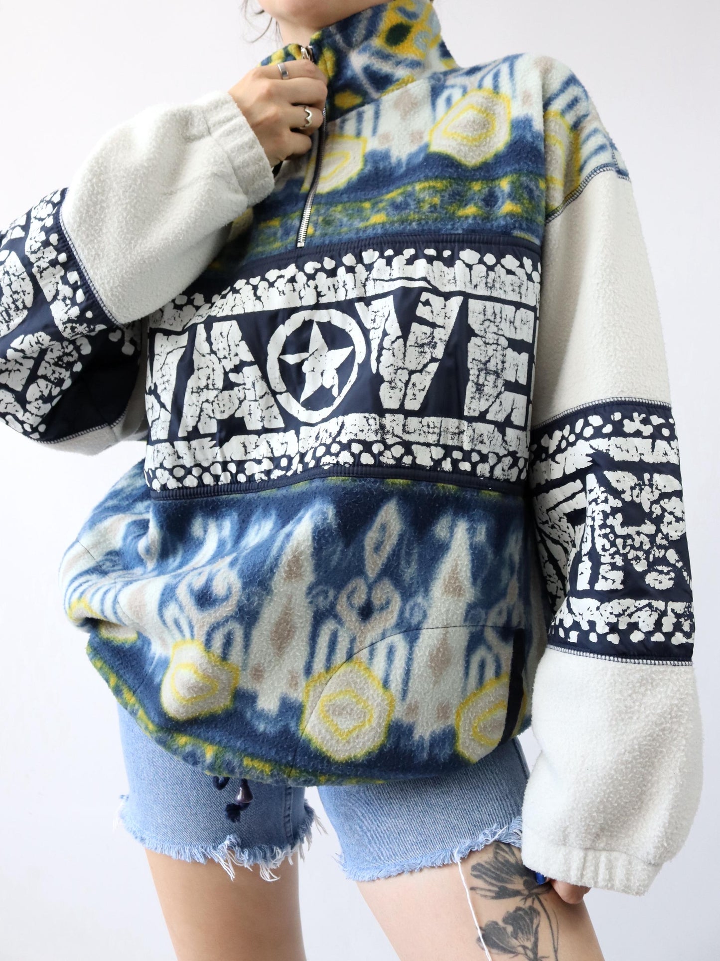 Vintage 80s 90s 2ND IMPULSE fleece sweater stand-up collar crazy pattern print XL