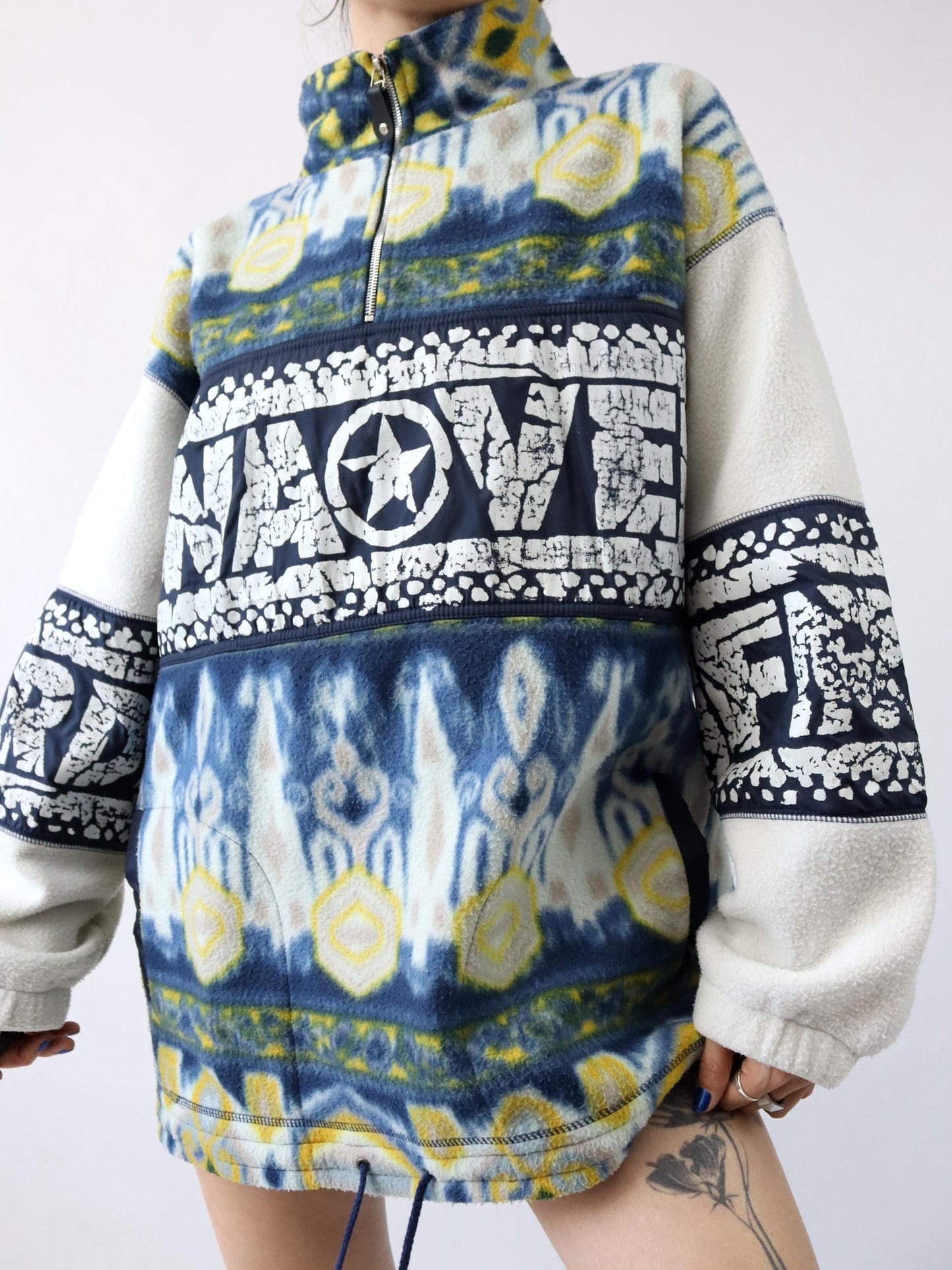 Vintage 80s 90s 2ND IMPULSE fleece sweater stand-up collar crazy pattern print XL