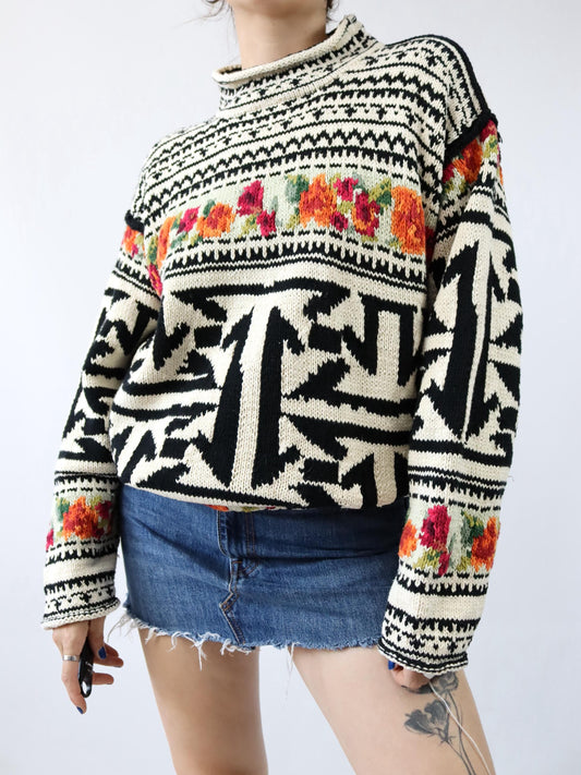 Vintage 80er 90er JOS Strickpullover Pullover gemustert bunt L